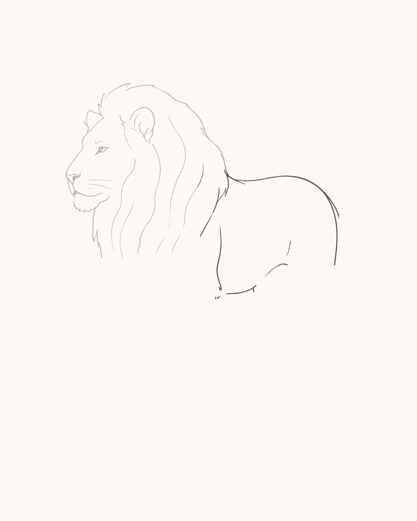 Stage 4 lion drawing adding a gently sloping back, rounded rump and three separated underside intervals that reserve four leg roots
