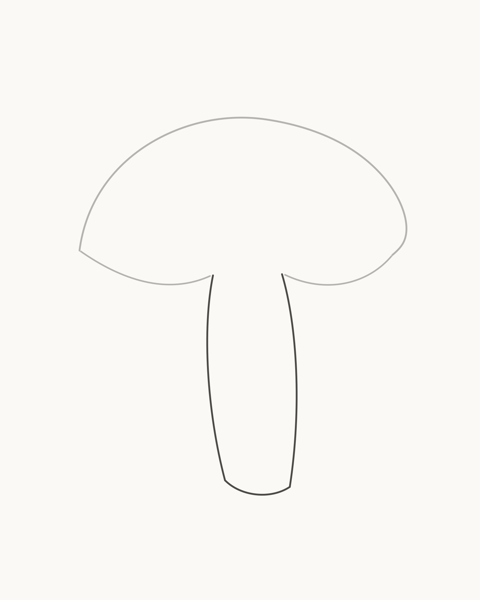 Stage 3 mushroom drawing adding two curved stalk edges and one soft base behind the cap underside