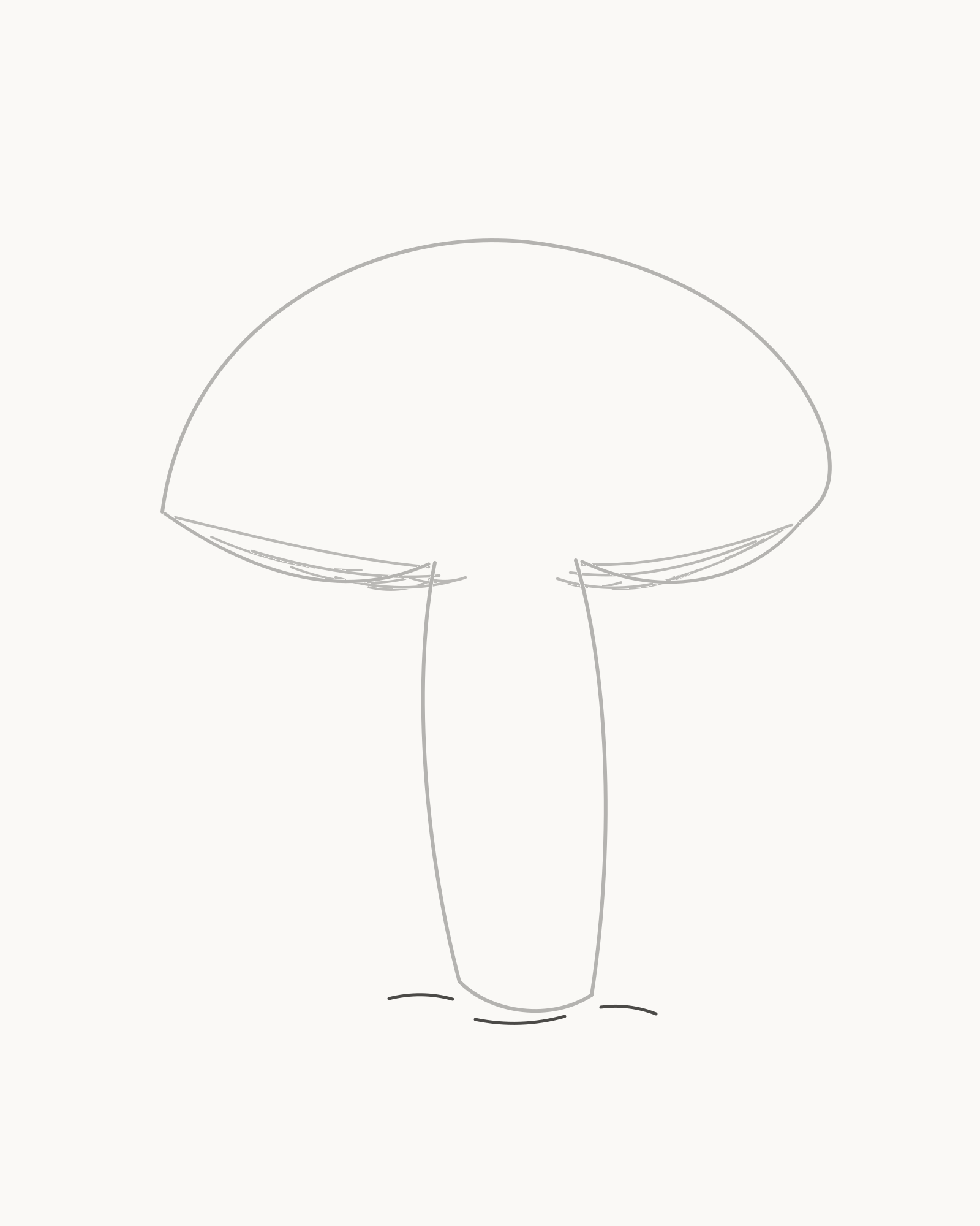 Stage 6 mushroom drawing adding three short ground-contact strokes around the stalk base