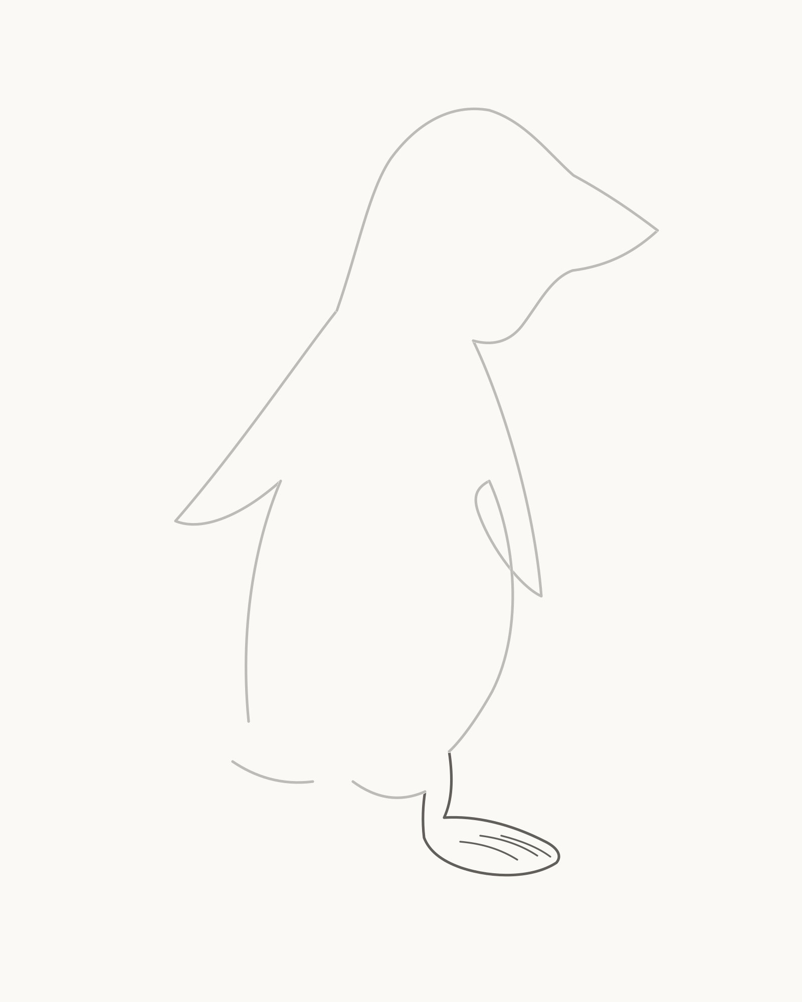 Stage 4 penguin drawing adding the short near leg, low right-extending webbed foot and exactly three unequal forward toe arcs
