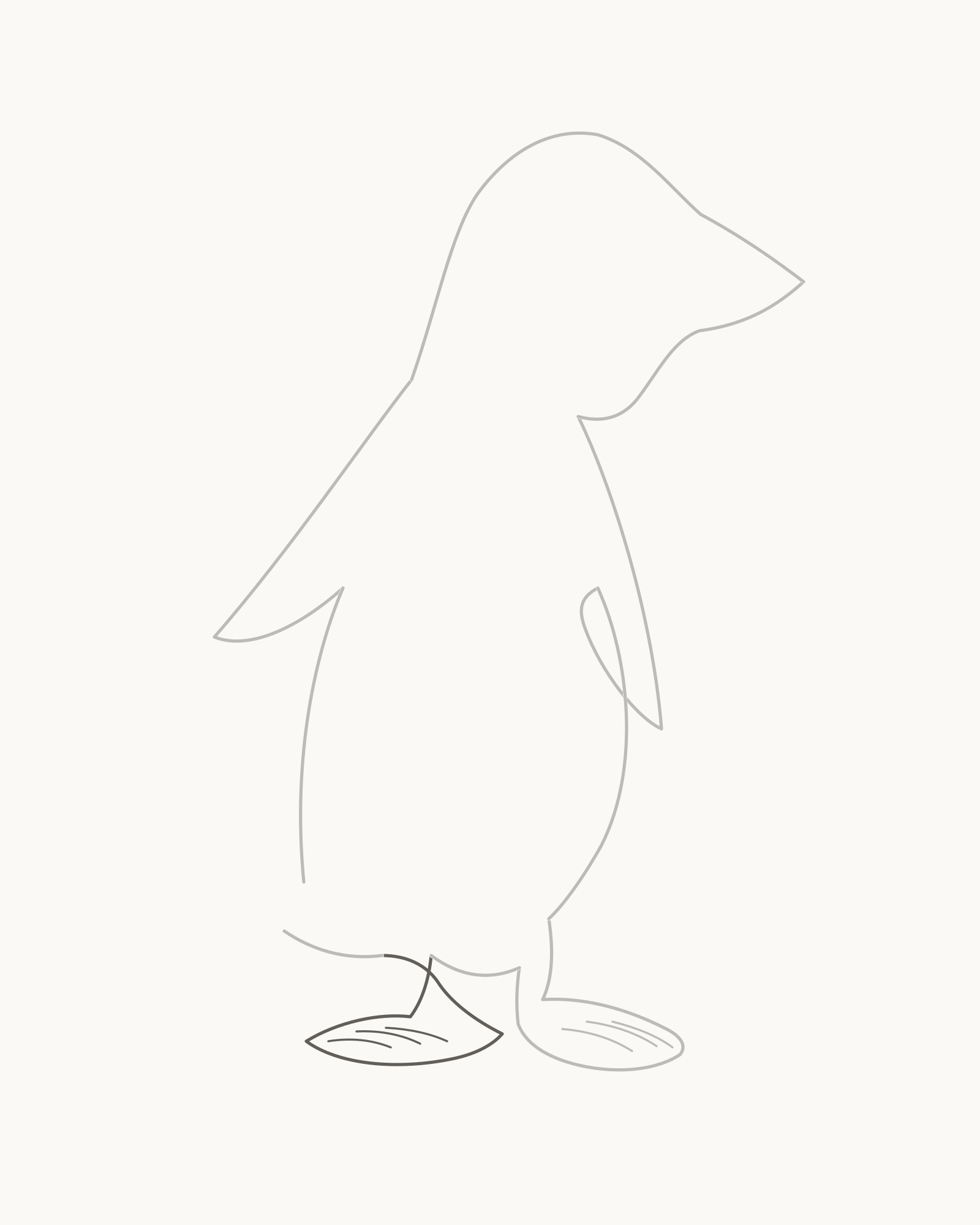 Stage 5 penguin drawing adding the smaller partly hidden far leg and left-hand webbed foot with three further toe arcs, making six toe arcs in total