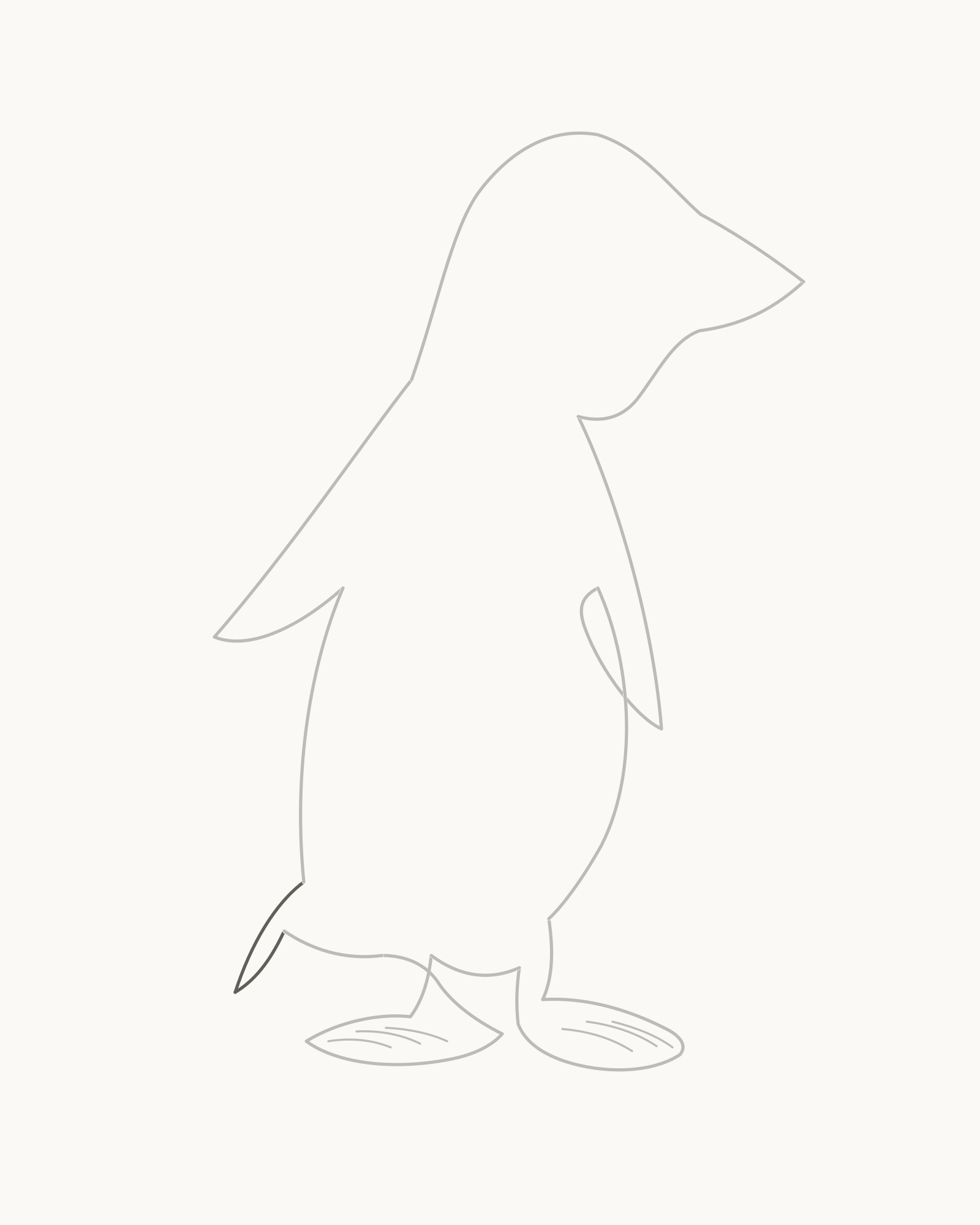 Stage 6 penguin drawing adding a short tapered tail between the fixed rump endpoints with clear paper separating it from the far foot