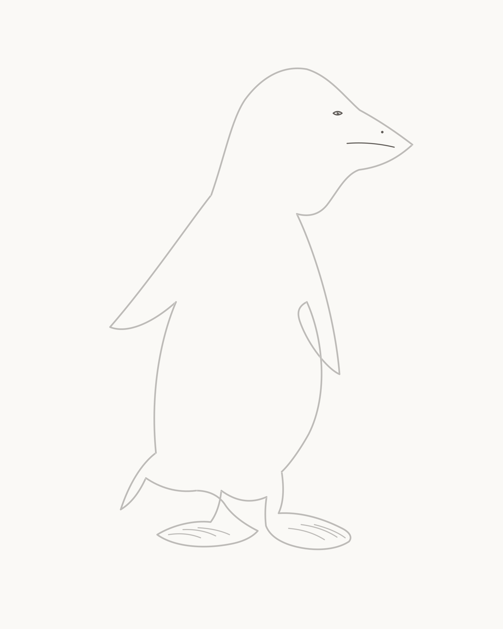 Stage 7 penguin drawing adding one small near eye with a minute pupil reserve, one tiny nostril and an internal mouth seam stopping before the beak tip