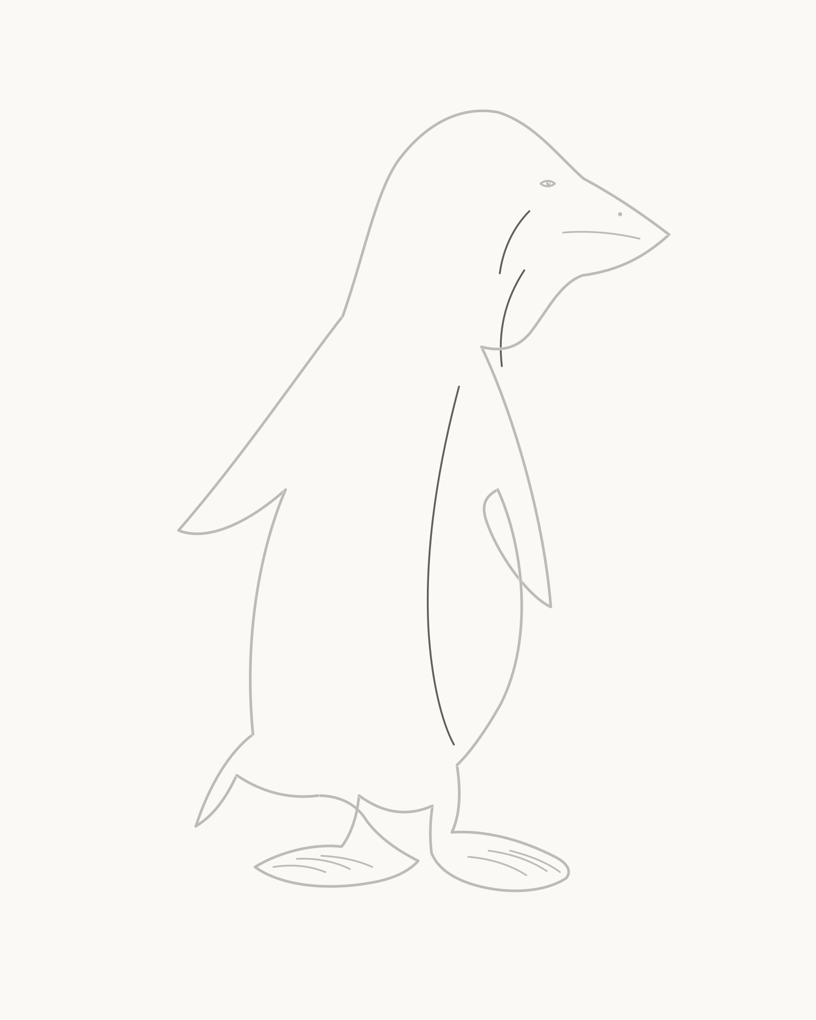 Stage 8 complete adult emperor penguin line drawing adding exactly three separate open curves for the cheek, neck and chest, and belly plumage boundaries without shading