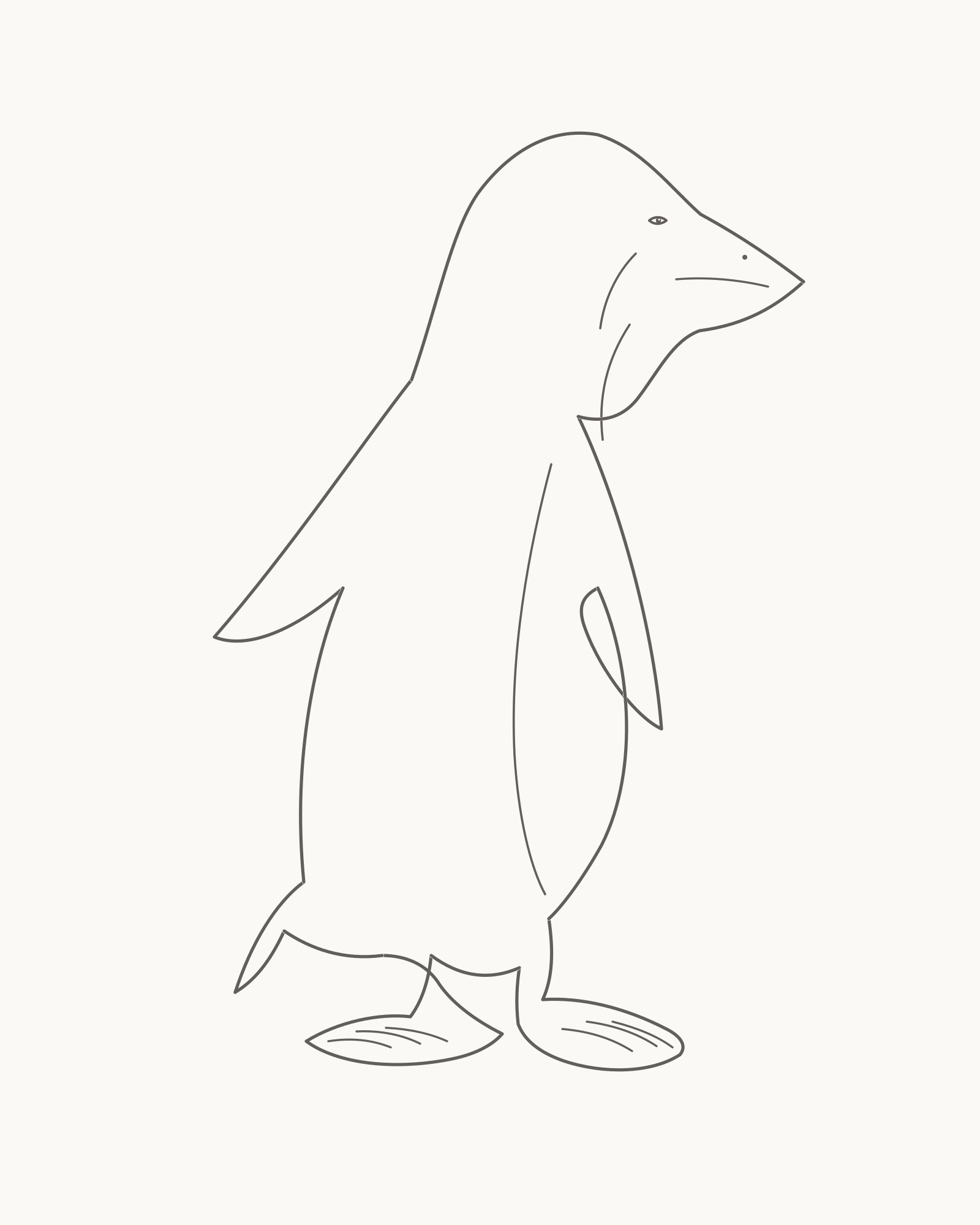 Complete clean line drawing of a calm adult emperor penguin standing in a right-facing three-quarter side view with unequal attached flippers, two grounded webbed feet, a short tail and three open plumage boundaries