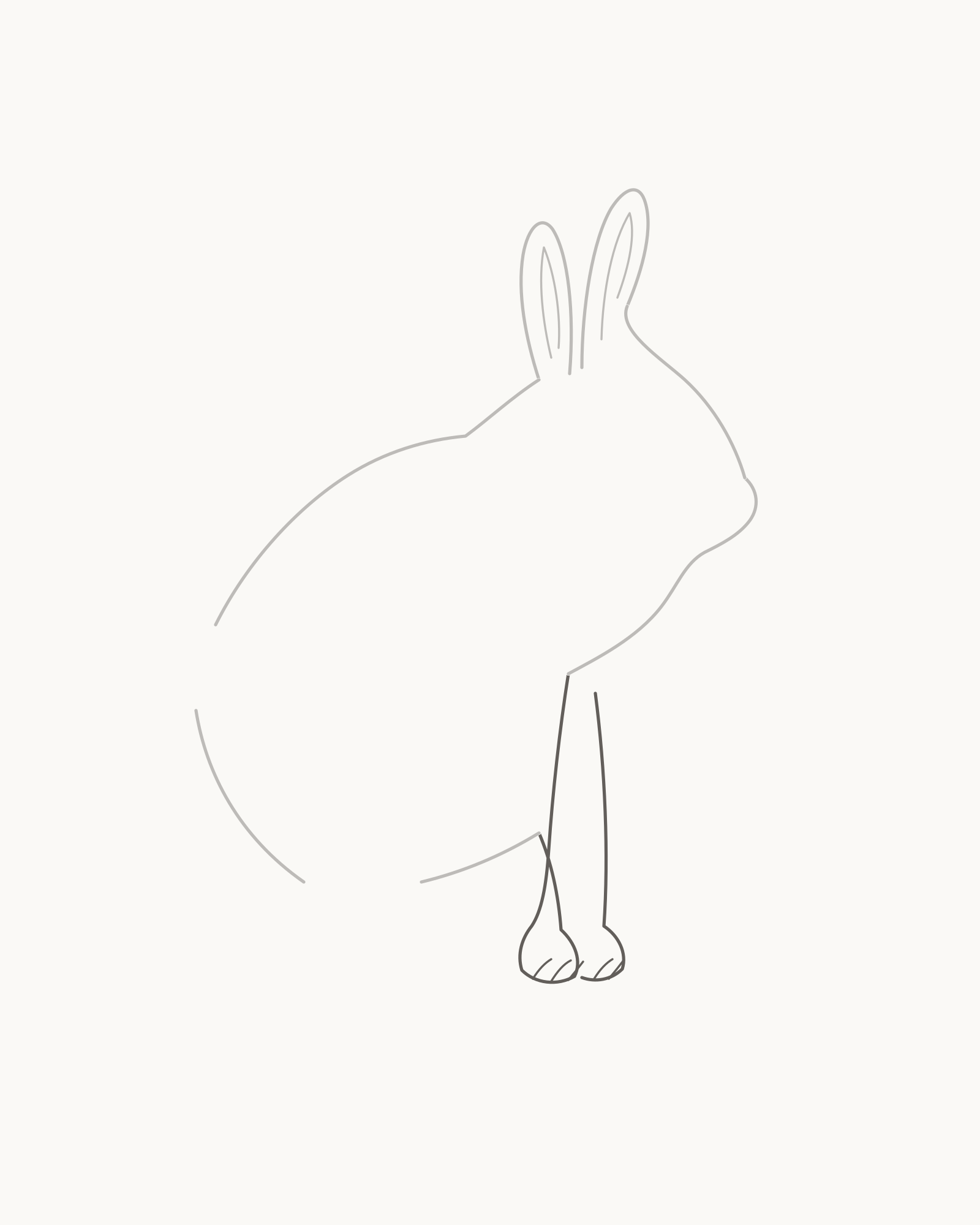 Stage 4 rabbit drawing adding a near foreleg and paw with three toe arcs plus a smaller offset far foreleg and paw with two toe arcs
