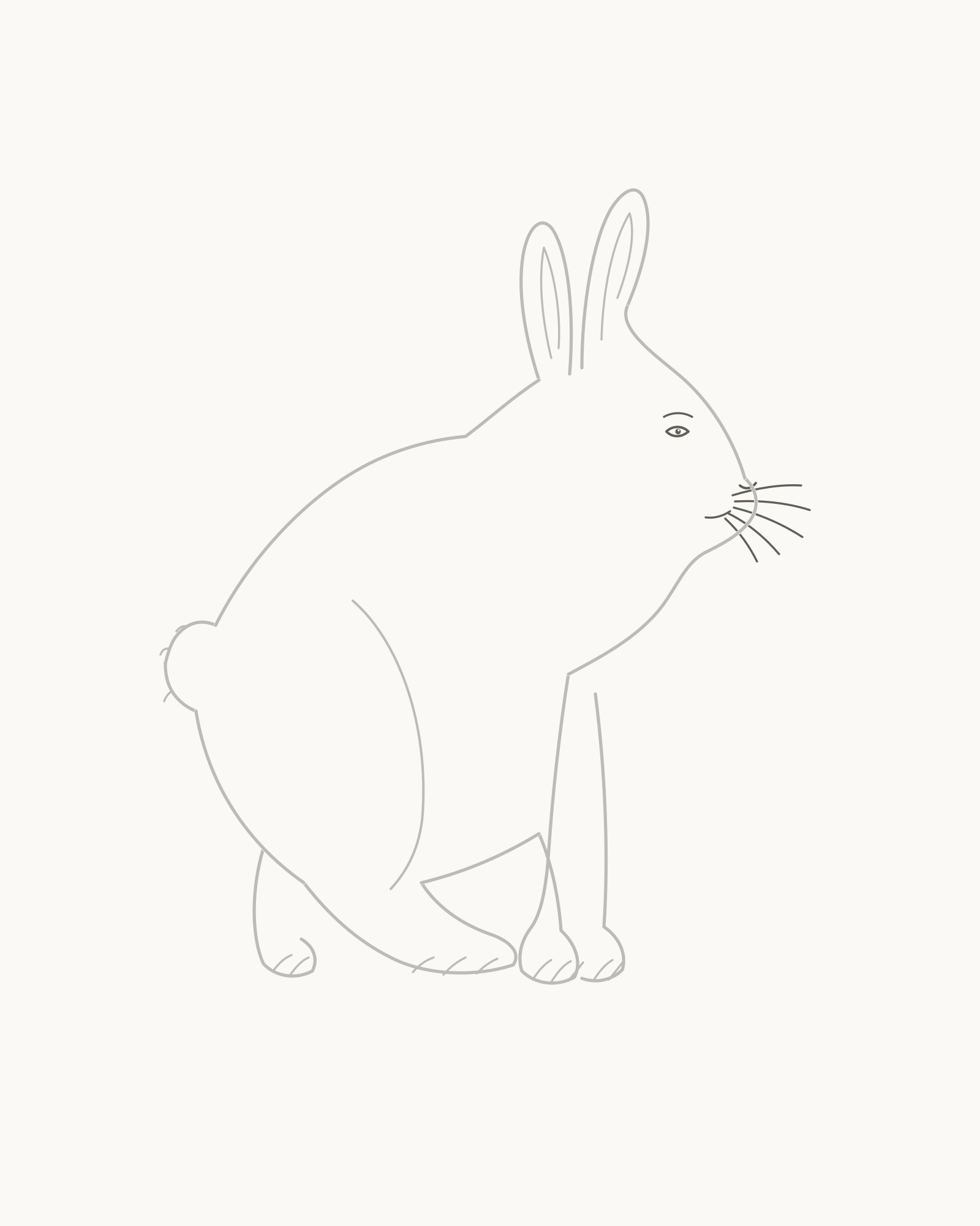 Stage 7 rabbit drawing adding one small visible eye with a paper-colour pupil reserve, brow, nose, closed mouth and exactly five separately rooted whiskers