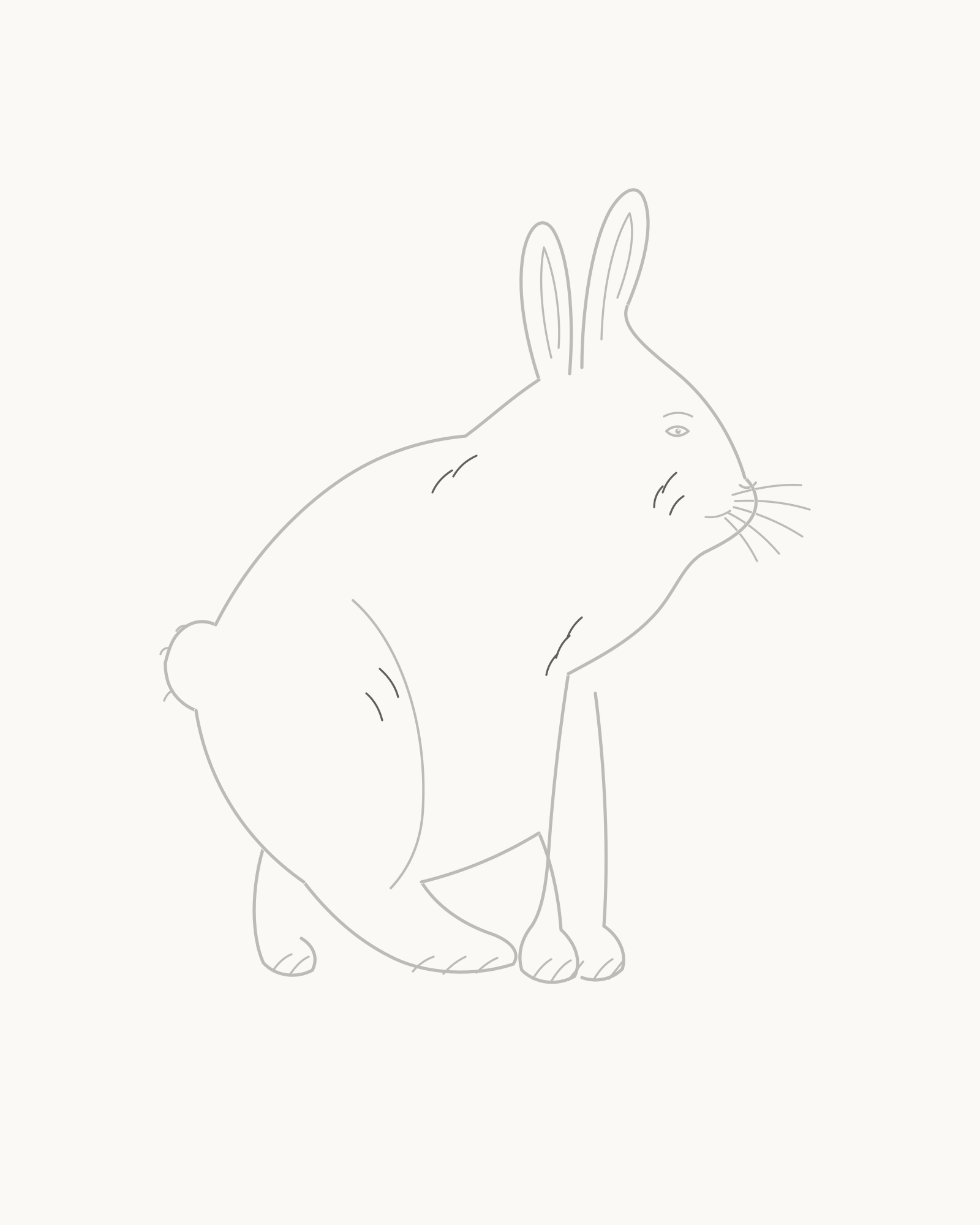 Stage 8 complete rabbit line drawing adding exactly ten sparse open fur-direction marks across the cheek, chest, shoulder and hind thigh without shading