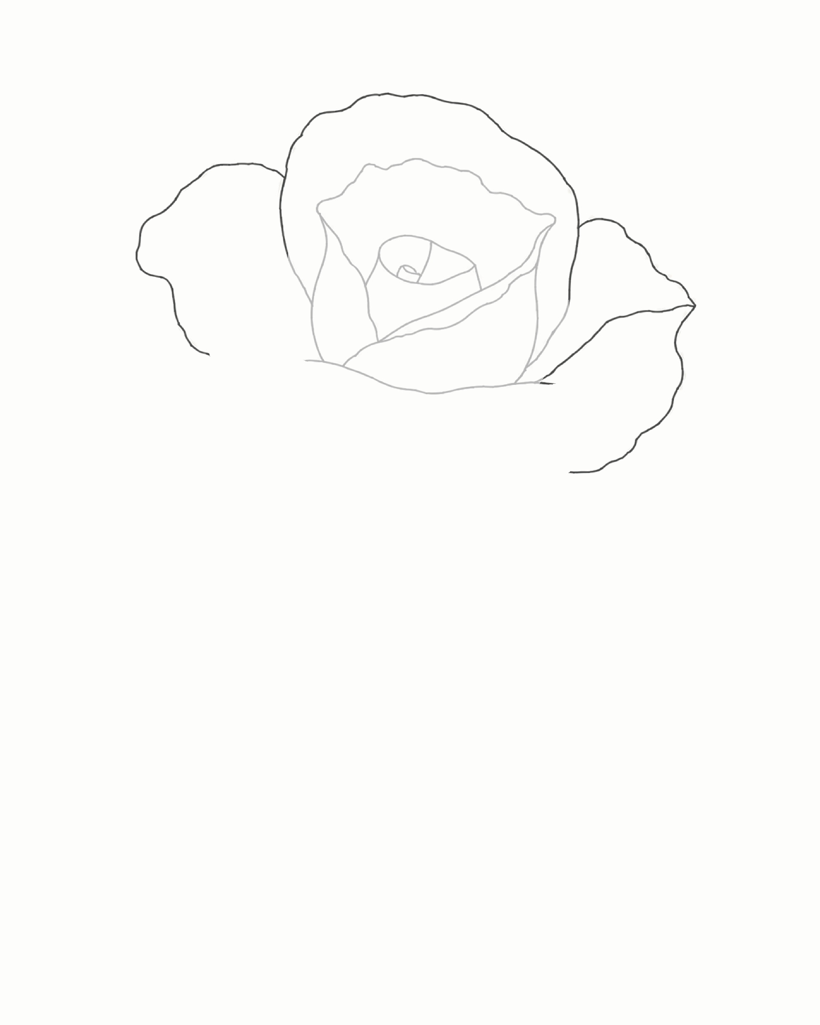Stage 3 rose drawing adding one top-back and two unequal side petals with three lower endpoints left open for closure