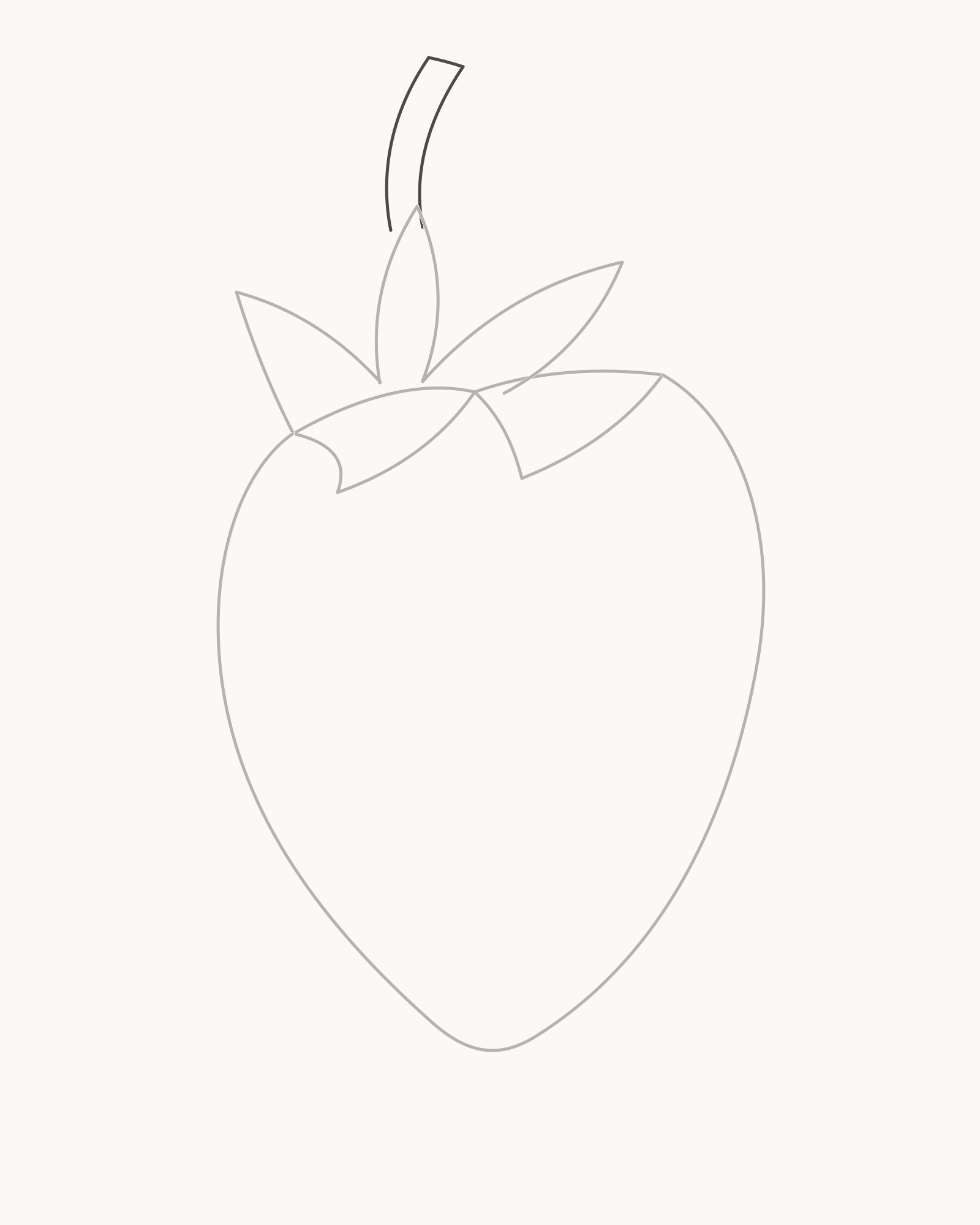 Stage 4 strawberry drawing adding two narrow right-curving stem edges and one angled cut end behind the calyx