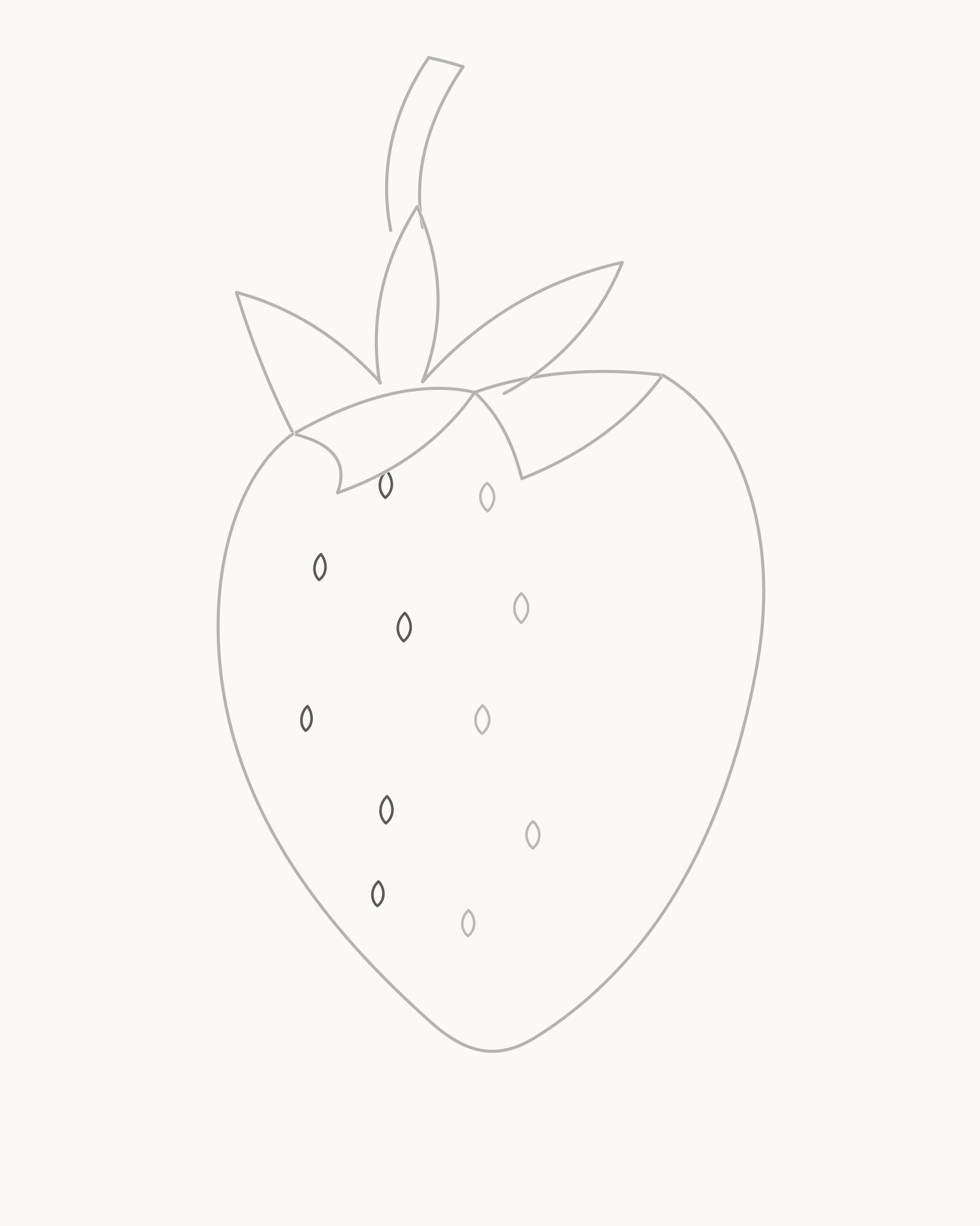 Stage 6 strawberry drawing adding six narrower achenes in two offset bands along the left side