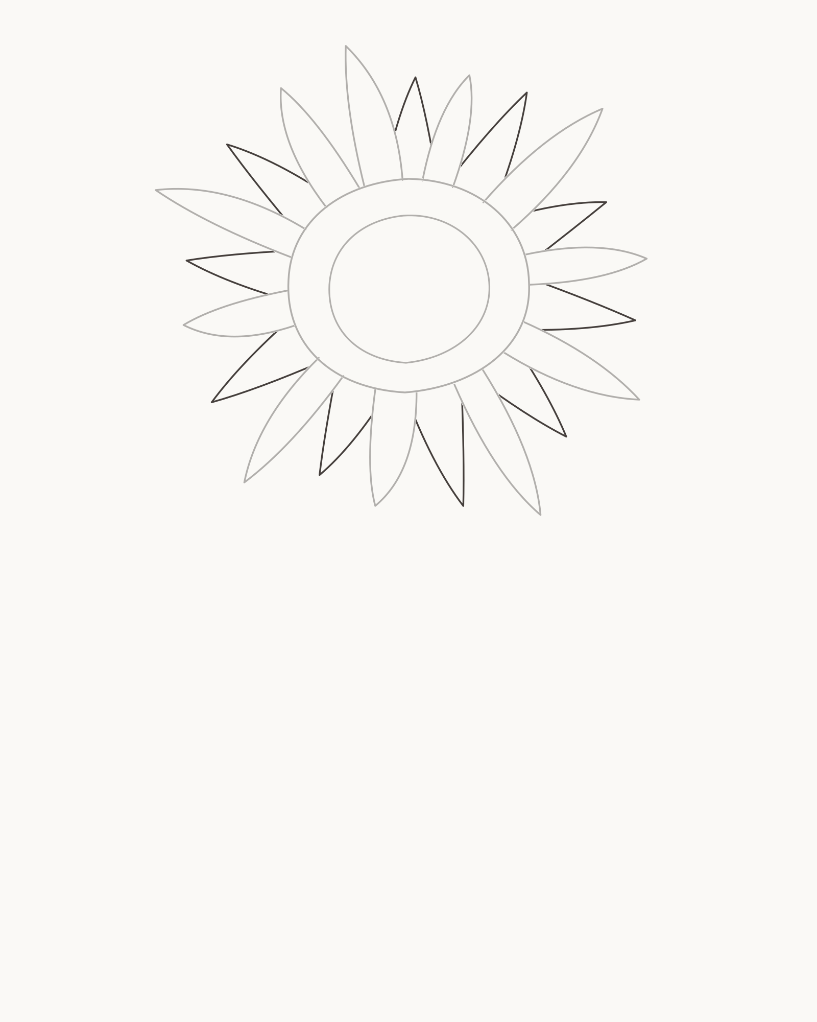 Stage 3 sunflower drawing adding ten shorter rear ray tips tucked into gaps behind the front layer