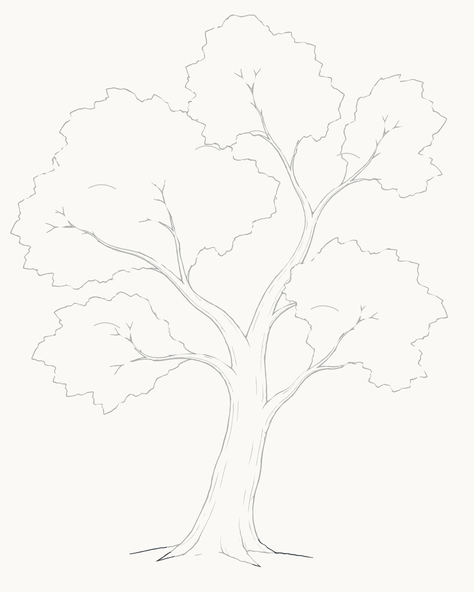 Stage 7 complete tree line drawing with one short ground stroke extending from each side of the root flare