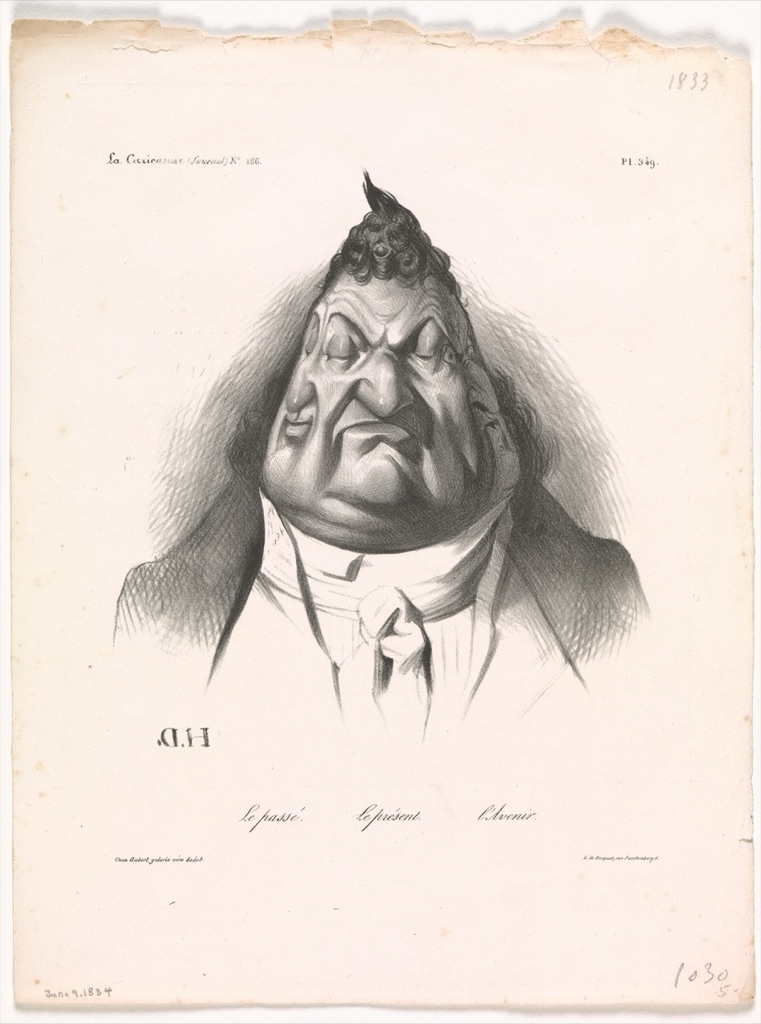 Daumier lithograph of King Louis-Philippe with three joined faces labeled the past, the present and the future