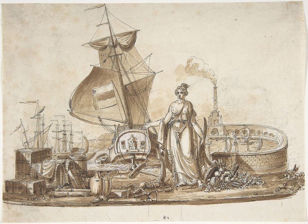 Charles Percier, Allegory of Shipping, a historical drawing in Pen and black ink with brush and brown wash with white heightening over graphite underdrawing.