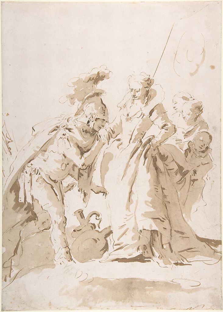 Giovanni Battista Tiepolo, The Meeting of Anthony and Cleopatra, a historical drawing in Pen and brown ink, brush with pale and dark brown wash, over black chalk.