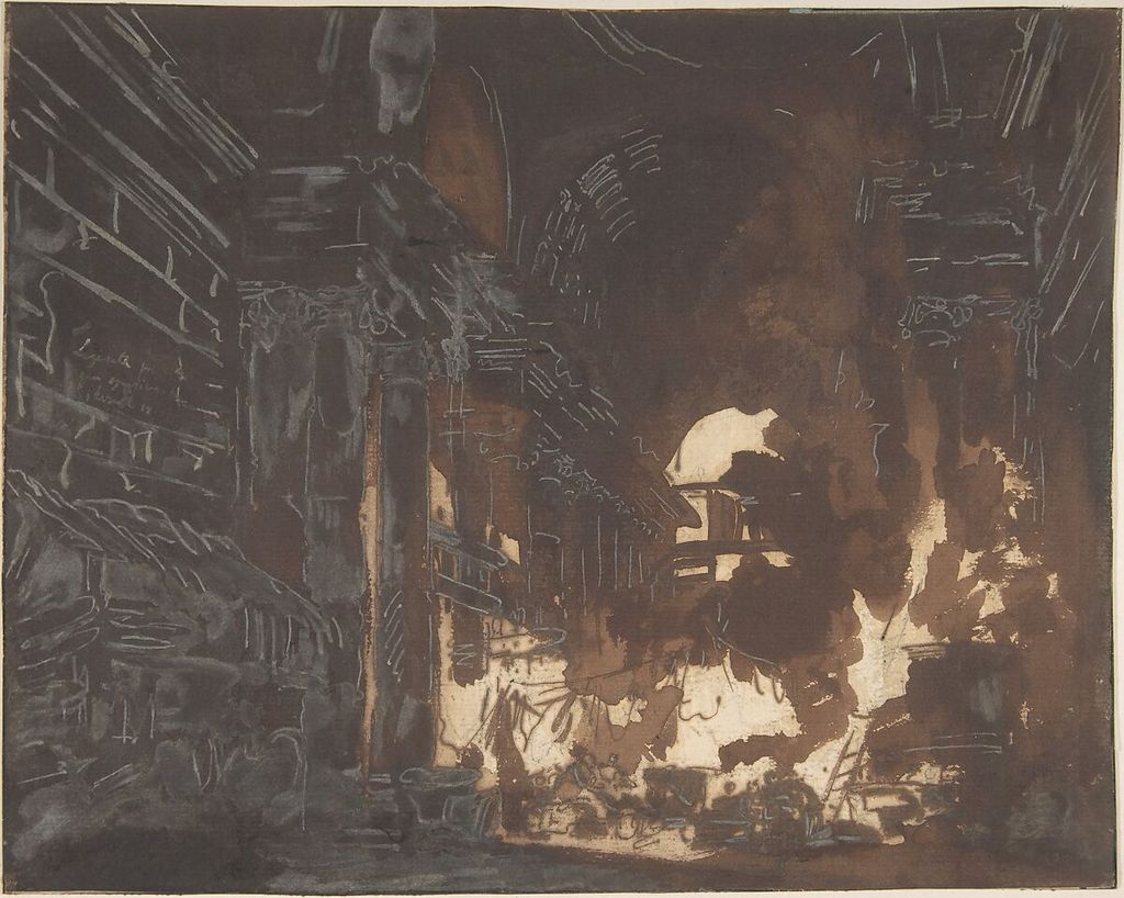 Hubert Robert, Washerwomen in a Ruined Gallery, a historical drawing in Pen and brown ink, brush and brown wash, heightened with white gouache, over graphite.