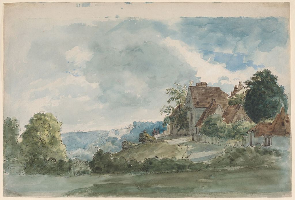 William Henry Hunt, Cottages in an extensive landscape, a historical drawing in Reed pen, ink and watercolor over traces of graphite.