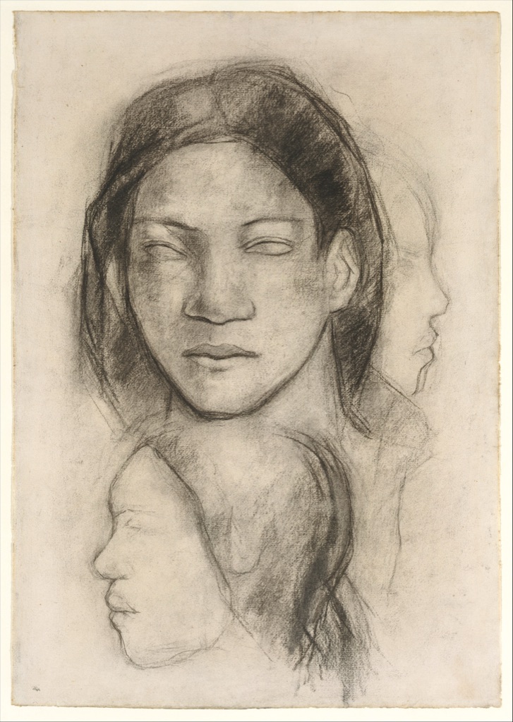 Paul Gauguin, Tahitian Faces (Frontal View and Profiles), a historical drawing in Charcoal on laid paper.