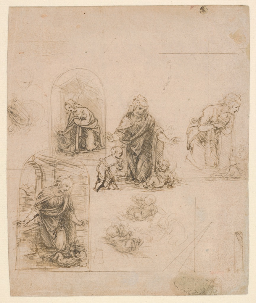 Leonardo da Vinci, Compositional Sketches for the Virgin Adoring the Christ Child, a historical drawing in Silverpoint, partly reworked by the artist with pen and dark brown ink on pink prepared paper; lines ruled with metalpoint (recto); pen and brown ink (verso).