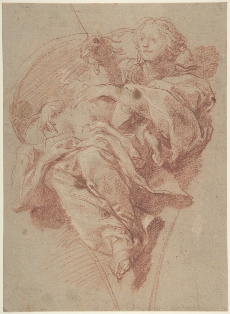 Baldassarre Franceschini (il Volterrano), Allegorical Figure of Purity with a Unicorn, a historical drawing in Red chalk, highlighted with white chalk, on thick beige paper (recto); study for drapery in red chalk (verso).
