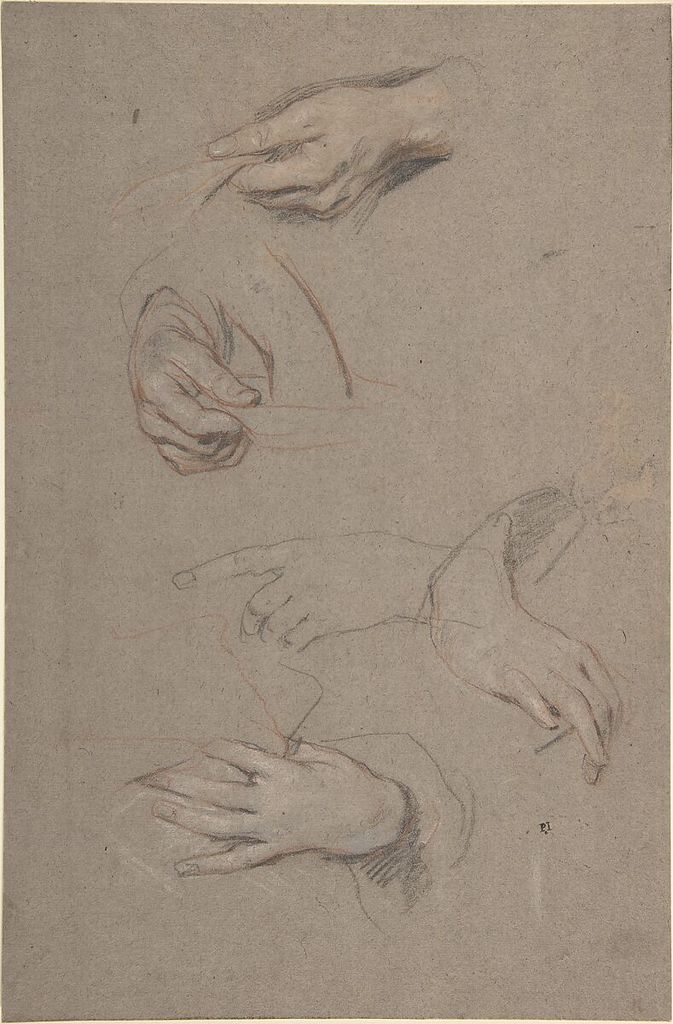 Sir Peter Lely, Studies of Hands, a historical drawing in Red, black, and white chalk.