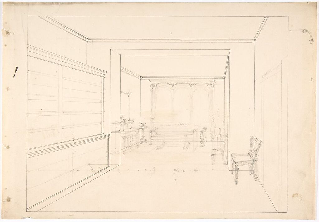 Anonymous, British, 19th century, Perspective Drawing of an Interior, a historical drawing in Graphite.