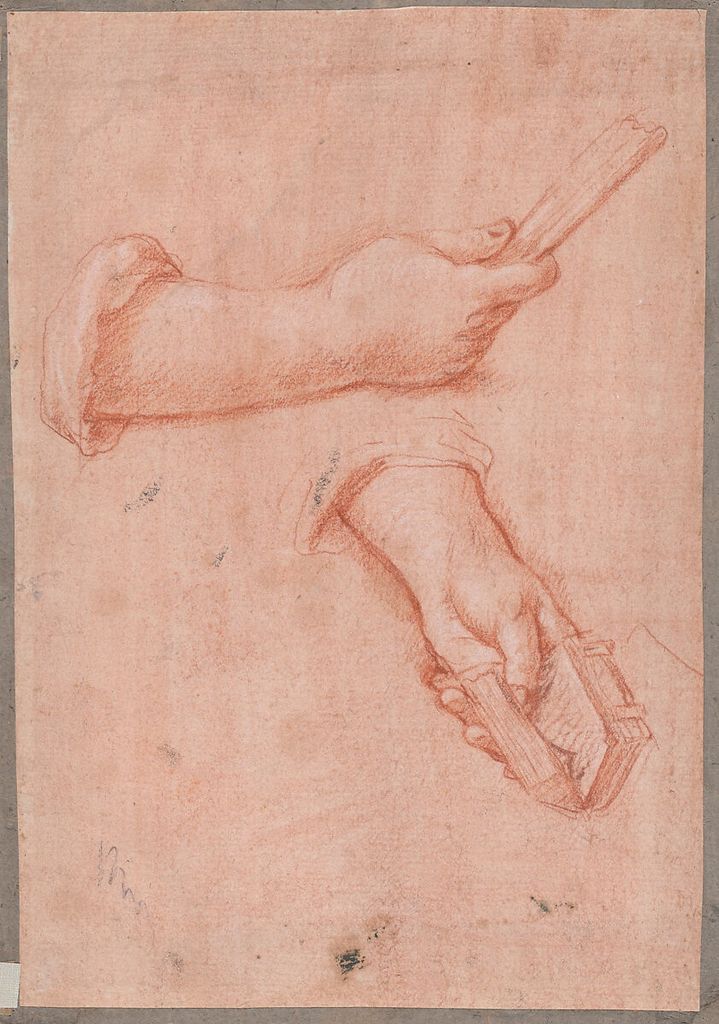 Jacob de Wit, Study of Two Hands, a historical drawing in Red chalk with touches of white chalk on pink tinted paper.