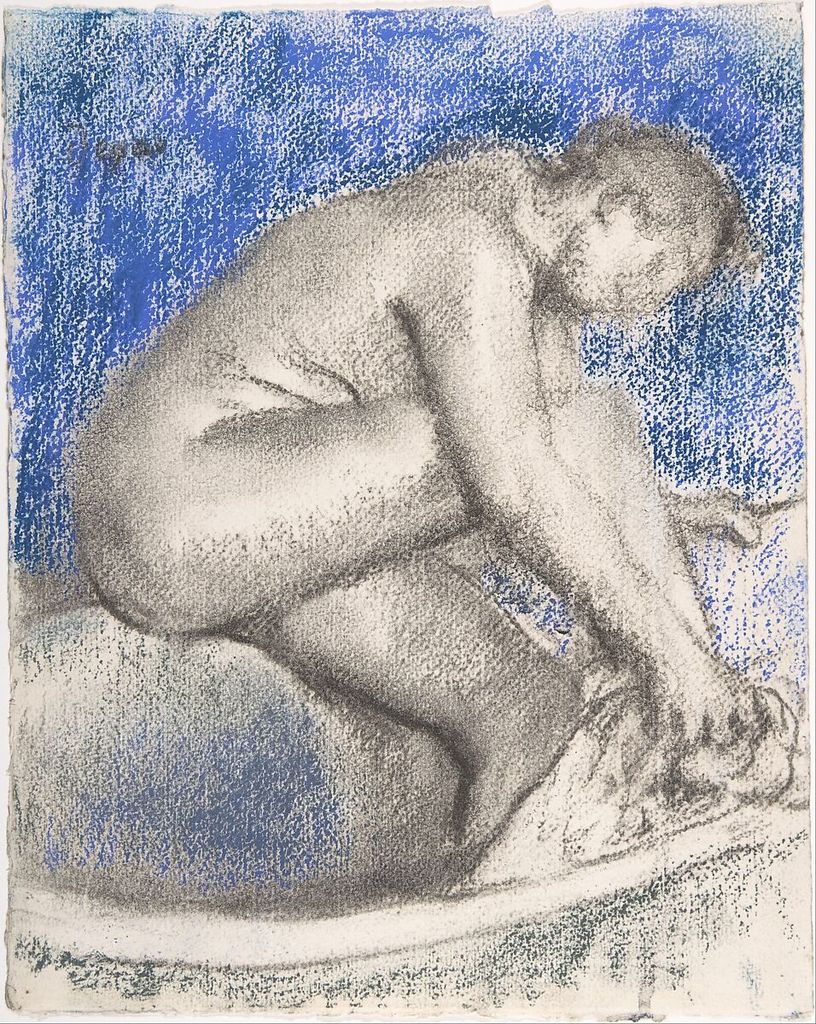 Edgar Degas, The Bath, a historical drawing in Charcoal and pastel on heavy wove paper.