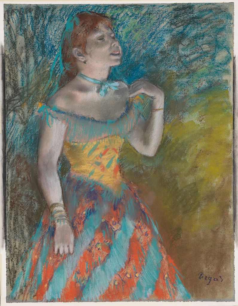 Edgar Degas, The Singer in Green, a historical drawing in Pastel on light blue laid paper.