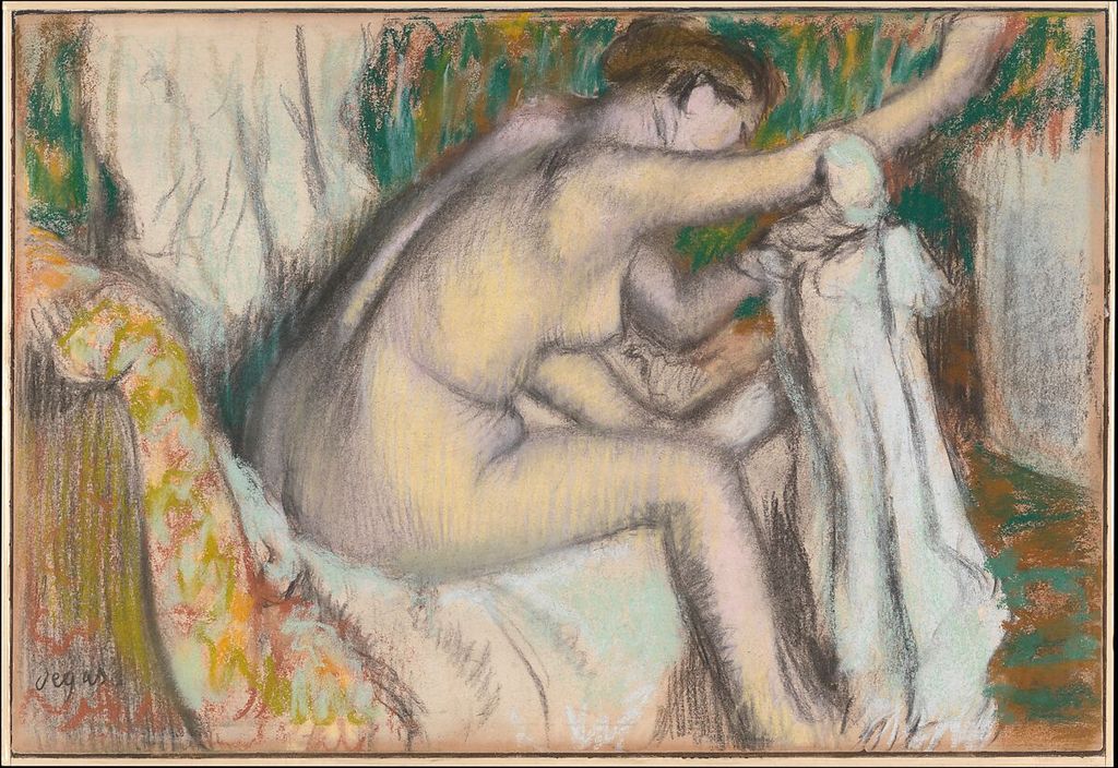 Edgar Degas, Woman Drying Her Arm, a historical drawing in Pastel and charcoal on light pink wove paper, discolored at the edges.