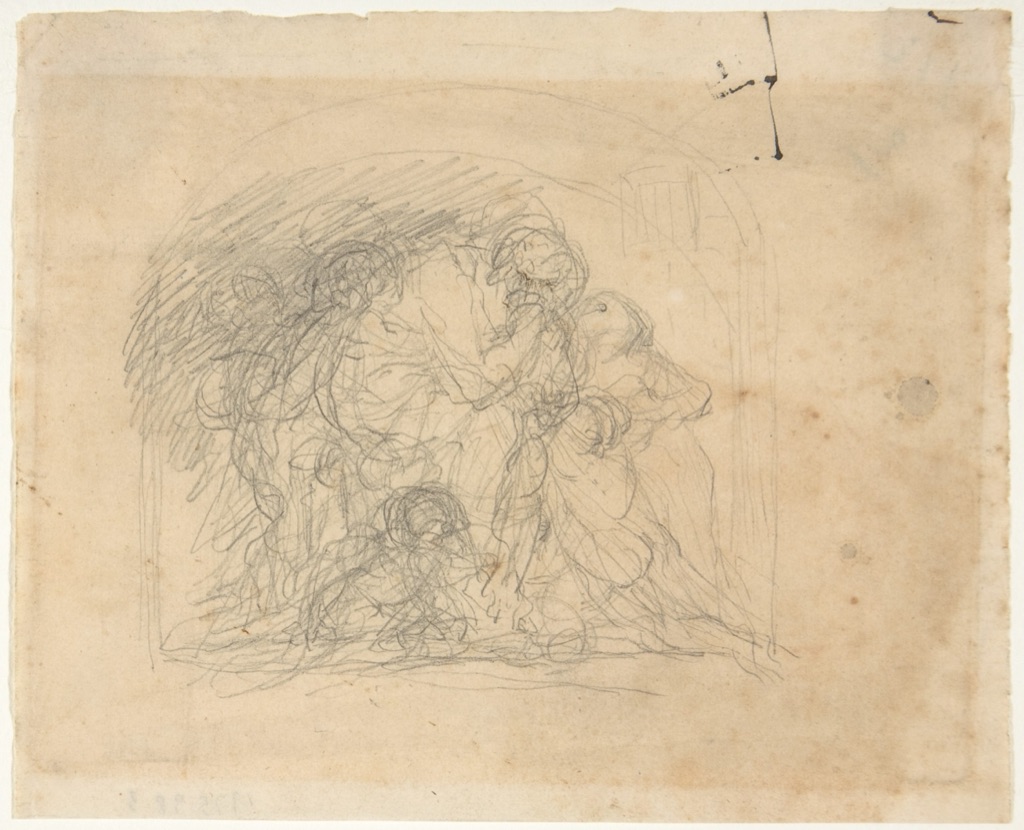 Small graphite composition study by Carpeaux with several figures compressed into one directional group.