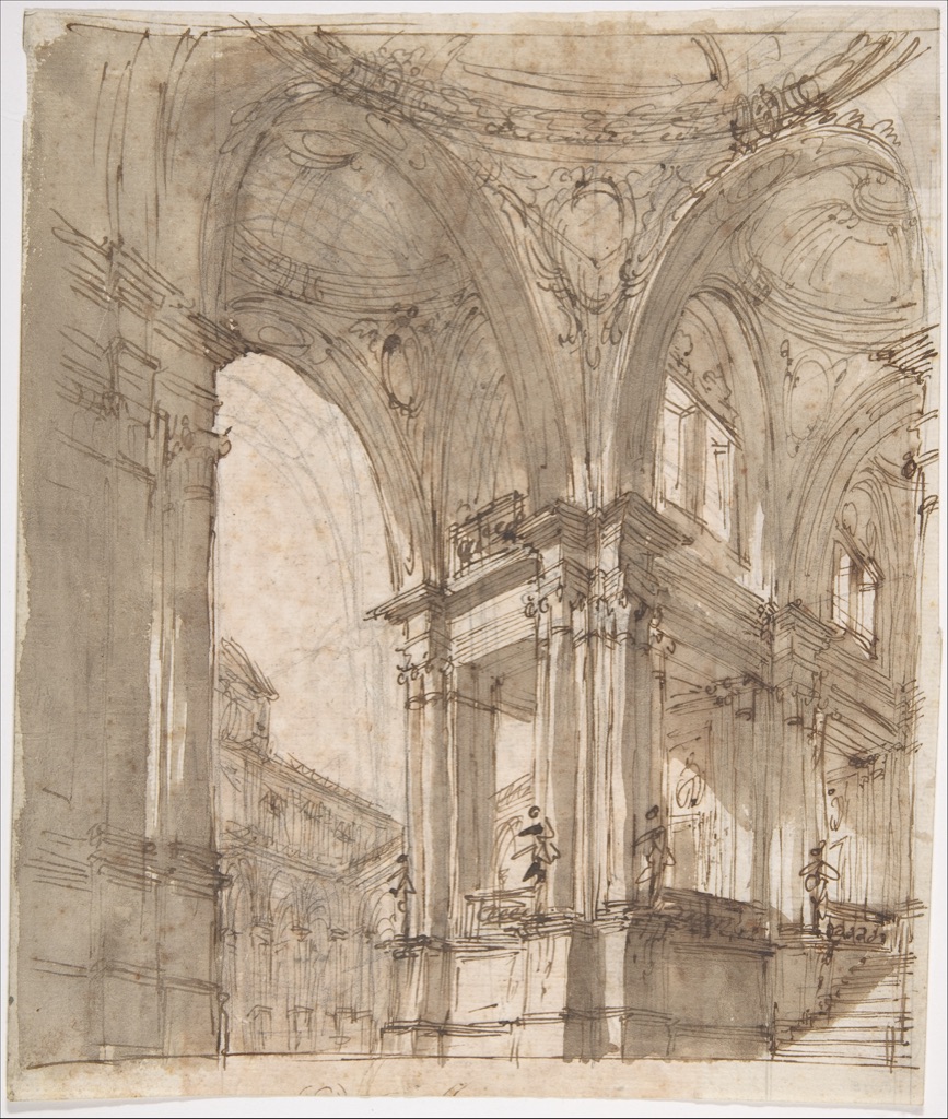 Juvarra architectural study combining graphite construction, brown ink and brown wash.