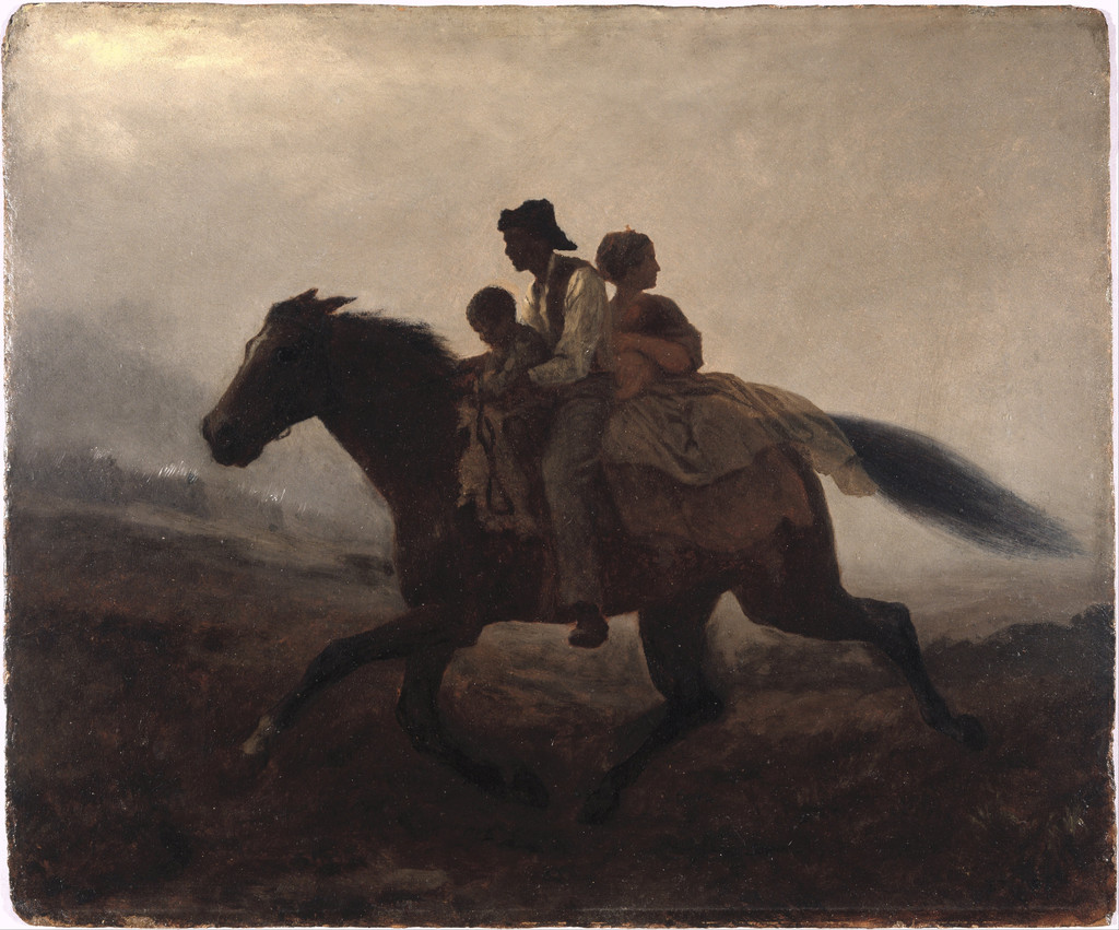 Eastman Johnson, A Ride for Liberty—The Fugitive Slaves, about 1862. Oil on paperboard, 55.2 × 66.7 cm. Brooklyn Museum, Gift of Gwendolyn O. L. Conkling, 40.59a–b. Public domain faithful reproduction. The recorded eyewitness inscription belongs to the separate Virginia version.
