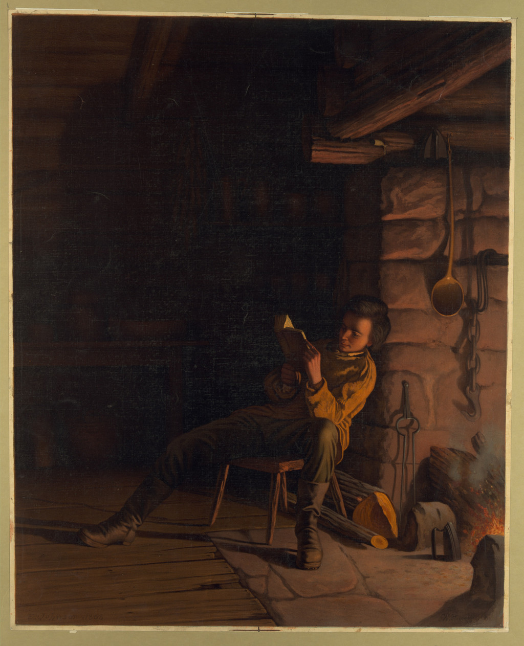 W. Harring after Eastman Johnson, The Boyhood of Lincoln—An Evening in the Log Hut, c. 1868. Chromolithograph published by L. Prang & Co., 54.3 × 43.6 cm. Library of Congress, 99405503, LC-DIG-ppmsca-18446. Reproductive print, distinct from the Michigan canvas. No known restrictions on publication.