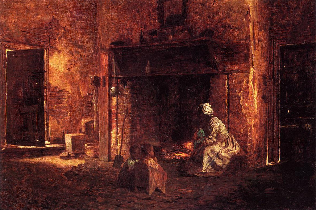 Eastman Johnson, Kitchen at Mount Vernon, 1857. Oil on canvas, 35.6 × 53.3 cm. Charles Butt collection, Texas, as recorded by the Eastman Johnson Catalogue Raisonné, Hills 6.0.4. Public domain faithful reproduction via WikiArt. This is distinct from Mount Vernon’s 1864 board version.