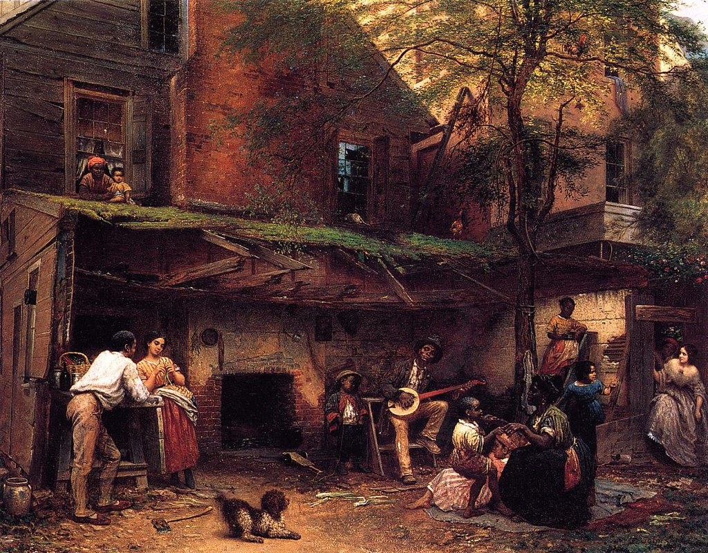 Eastman Johnson, Negro Life at the South, also known as Old Kentucky Home, 1859. Oil on linen, 94 × 116.8 cm. The New York Historical, The Robert L. Stuart Collection, the gift of his widow Mrs. Mary Stuart, S-225. Public domain faithful reproduction via WikiArt. The depicted yard is in Washington, D.C.