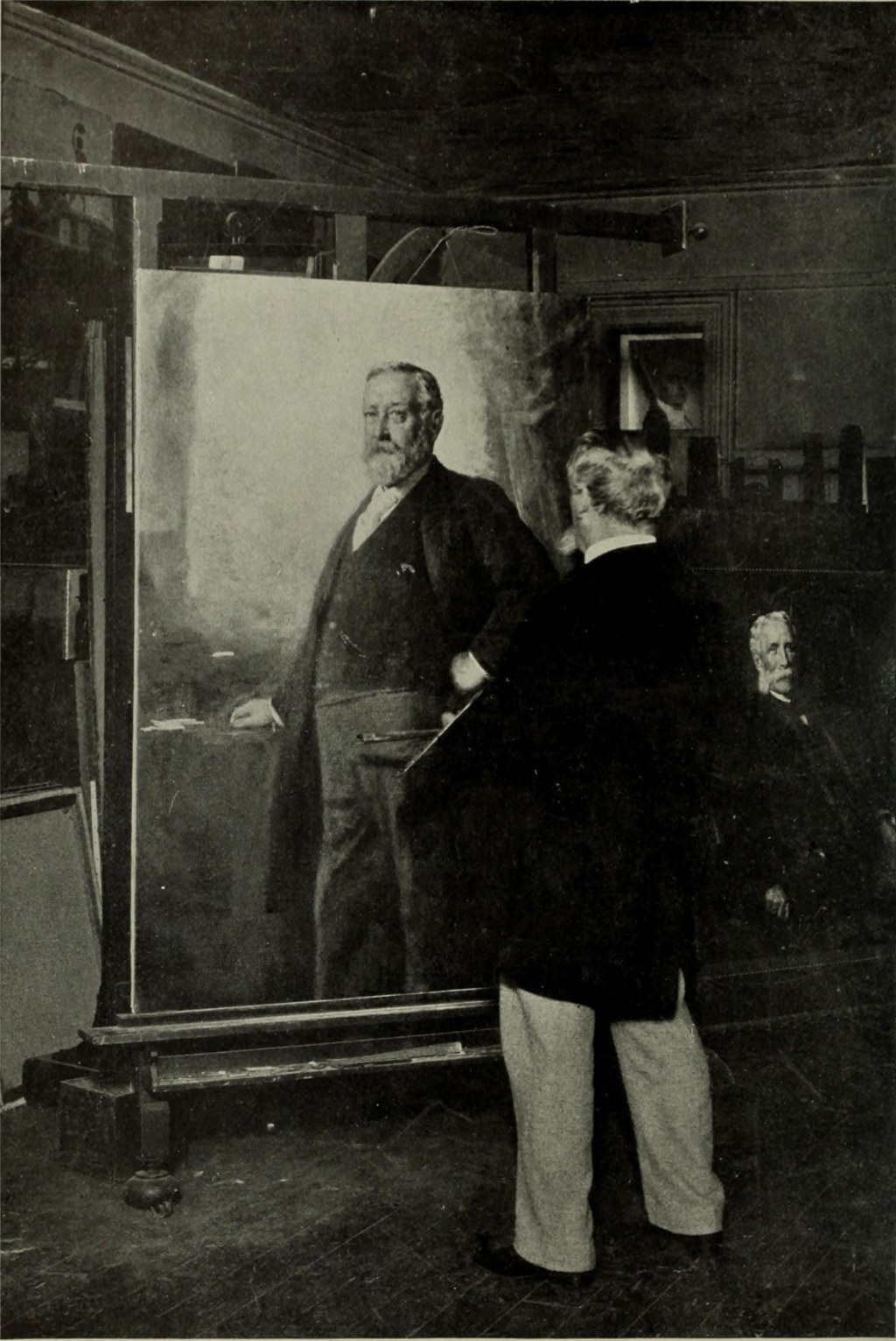 Eastman Johnson at his portrait of Benjamin Harrison. Photograph published in The World’s Work, December 1906, plate between pp. 8321 and 8323. Harrison appears in the painting; this is not a photograph of him standing beside Johnson. Exact photograph date and photographer are not established. The World’s Work; Robarts Library, University of Toronto; Internet Archive. Public domain.