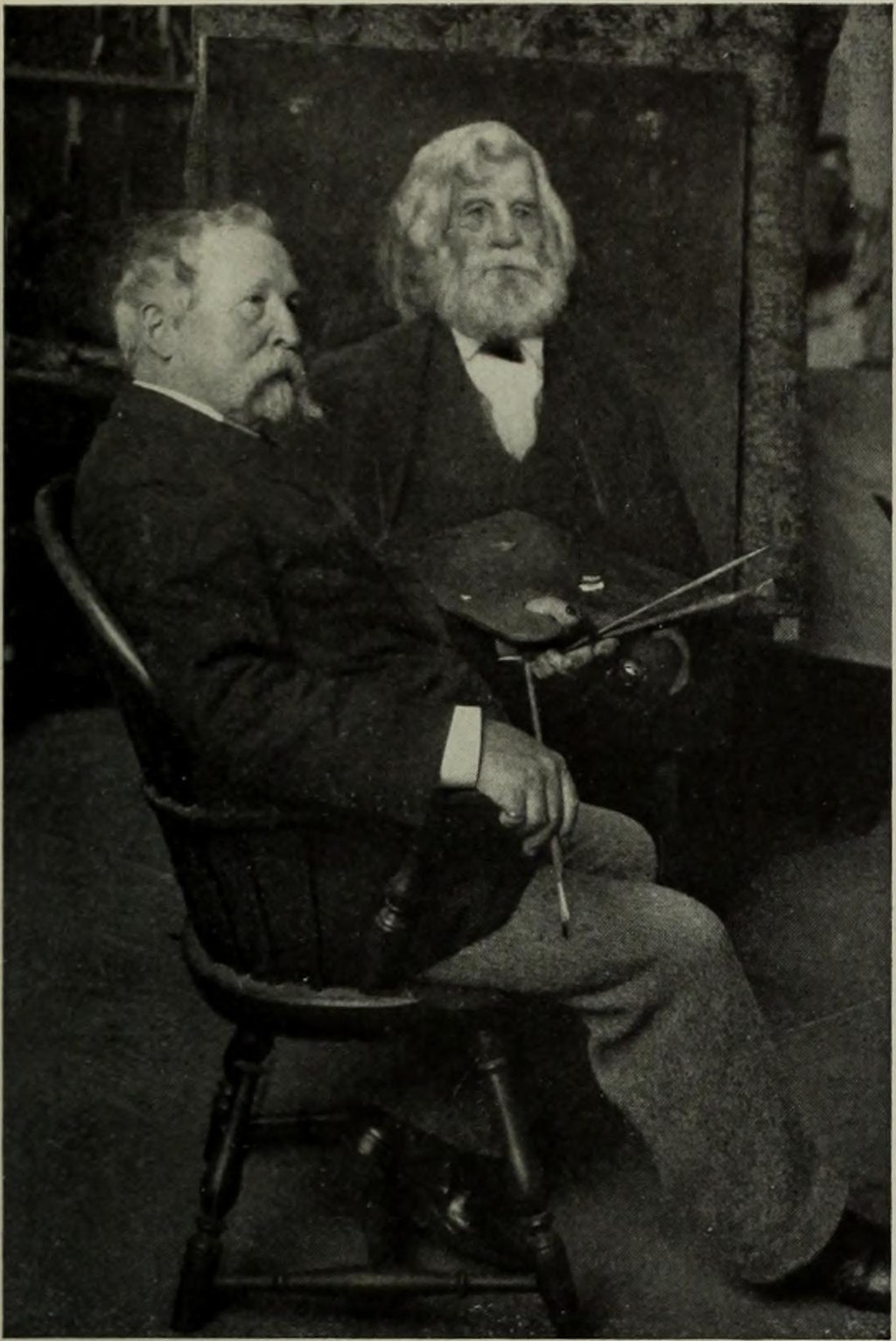 Eastman Johnson seated beside his painted portrait of Parke Godwin. Photograph published in The World’s Work, December 1906, p. 8321. The second face is part of the painting; the exact photograph date and photographer are not established. The World’s Work; Robarts Library, University of Toronto; Internet Archive. Public domain.