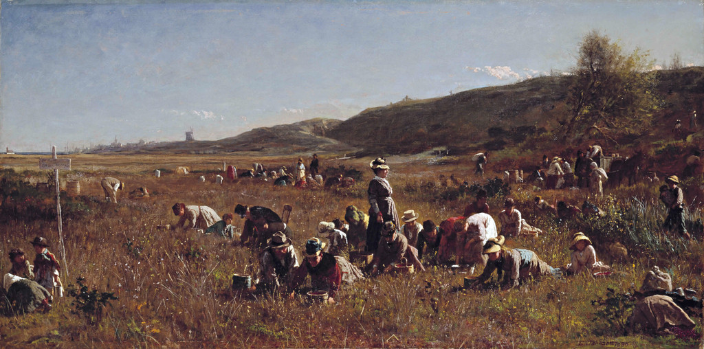 Eastman Johnson, The Cranberry Harvest, Island of Nantucket, 1880. Oil on canvas, 69.5 × 138.4 cm. Putnam Foundation, Timken Museum of Art, 1972:002. Public domain faithful reproduction.