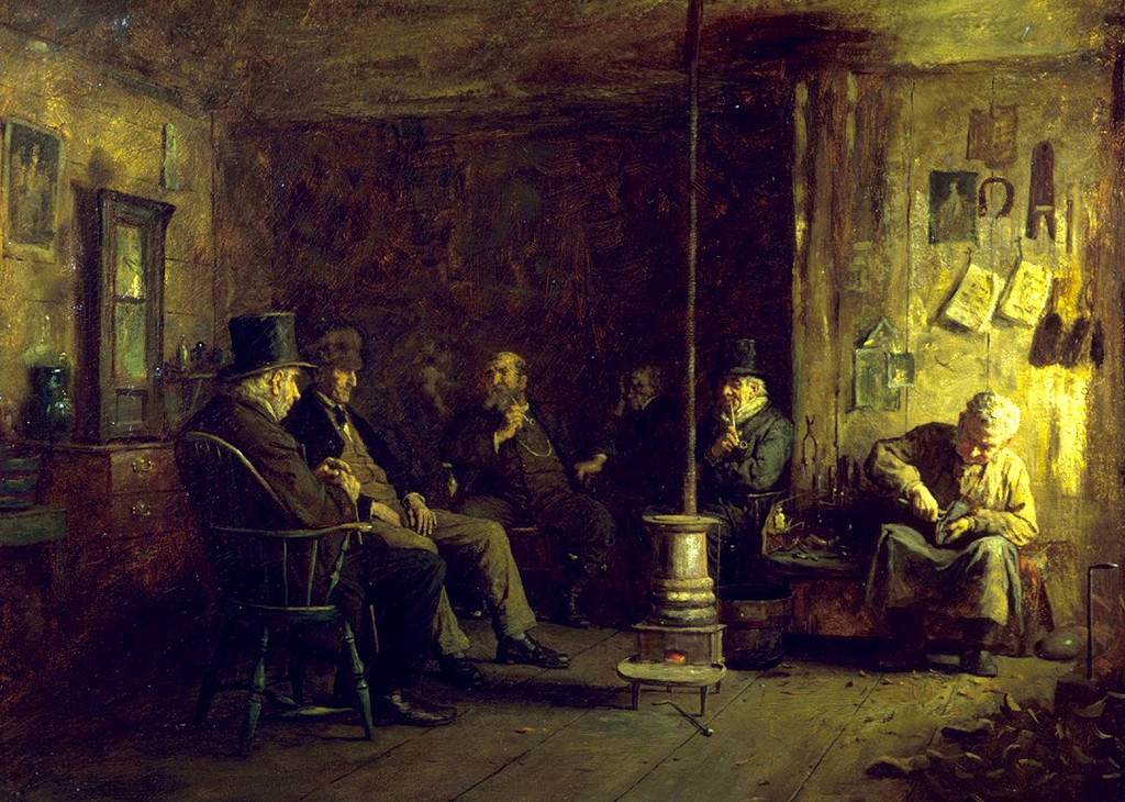 Eastman Johnson, The Nantucket School of Philosophy, 1887. Oil on panel, 59 × 80.5 cm. The Walters Art Museum, Acquired by Henry Walters, 1924, 37.311. Public domain; institutional reproduction via Wikimedia Commons.