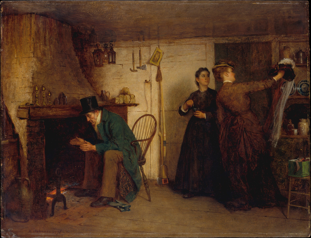 Eastman Johnson, The New Bonnet, 1876. Oil on academy board, 52.7 × 68.6 cm. The Metropolitan Museum of Art, Bequest of Collis P. Huntington, 1900, 25.110.11. Public domain.