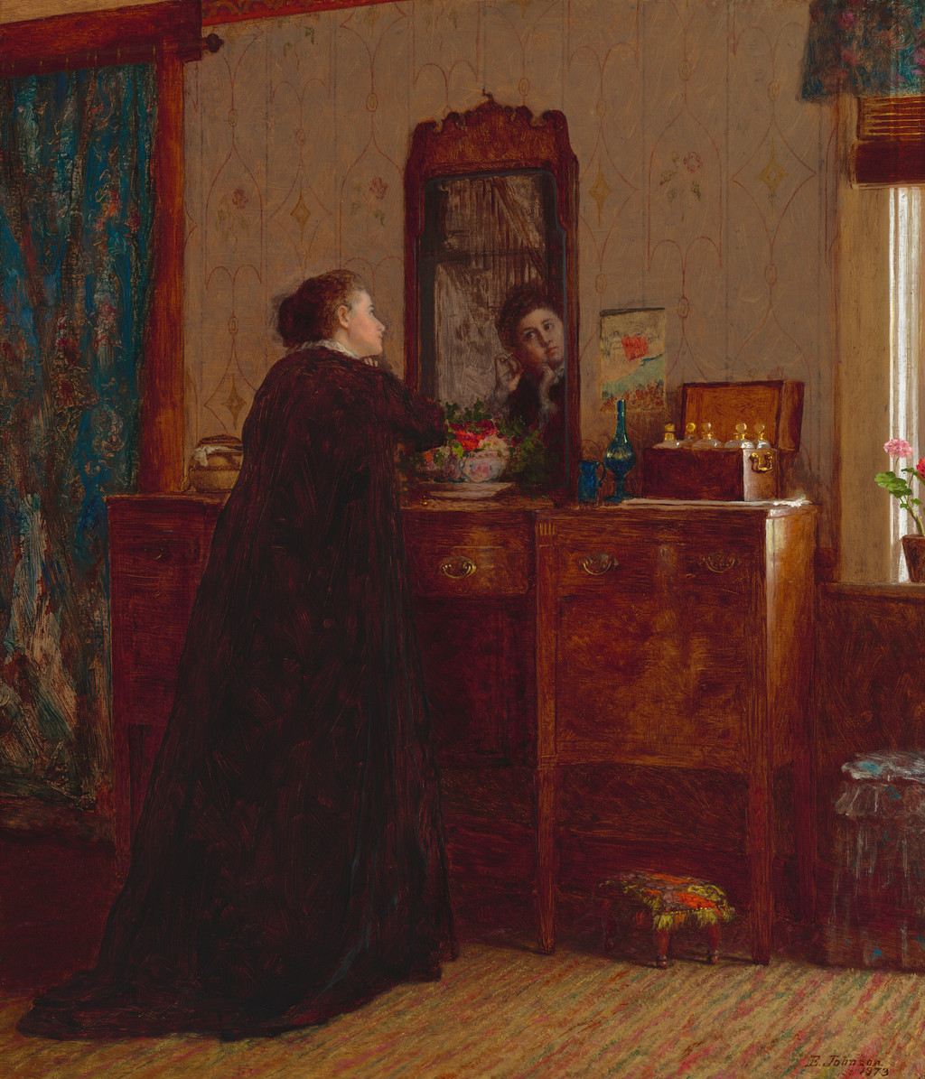 Eastman Johnson, The Toilet, 1873. Oil on paper board, 66.5 × 56.2 cm. National Gallery of Art, Corcoran Collection (Gift of Captain A. S. Hickey, USN [Ret.], in memory of his wife, Caryl Crawford Hickey, 1957), 2015.19.85. Public domain.