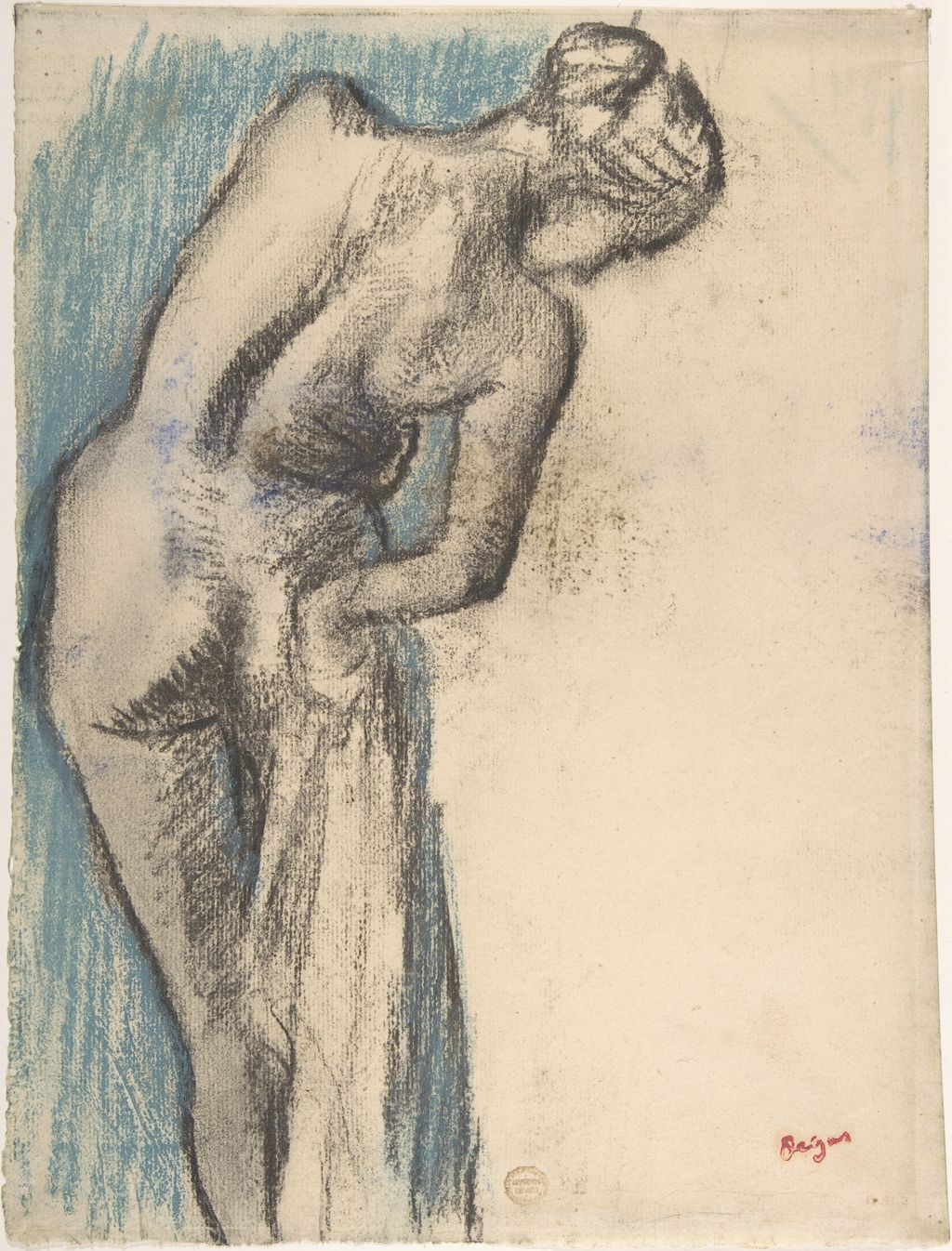 Standing bather bends forward in charcoal with blue pastel ground