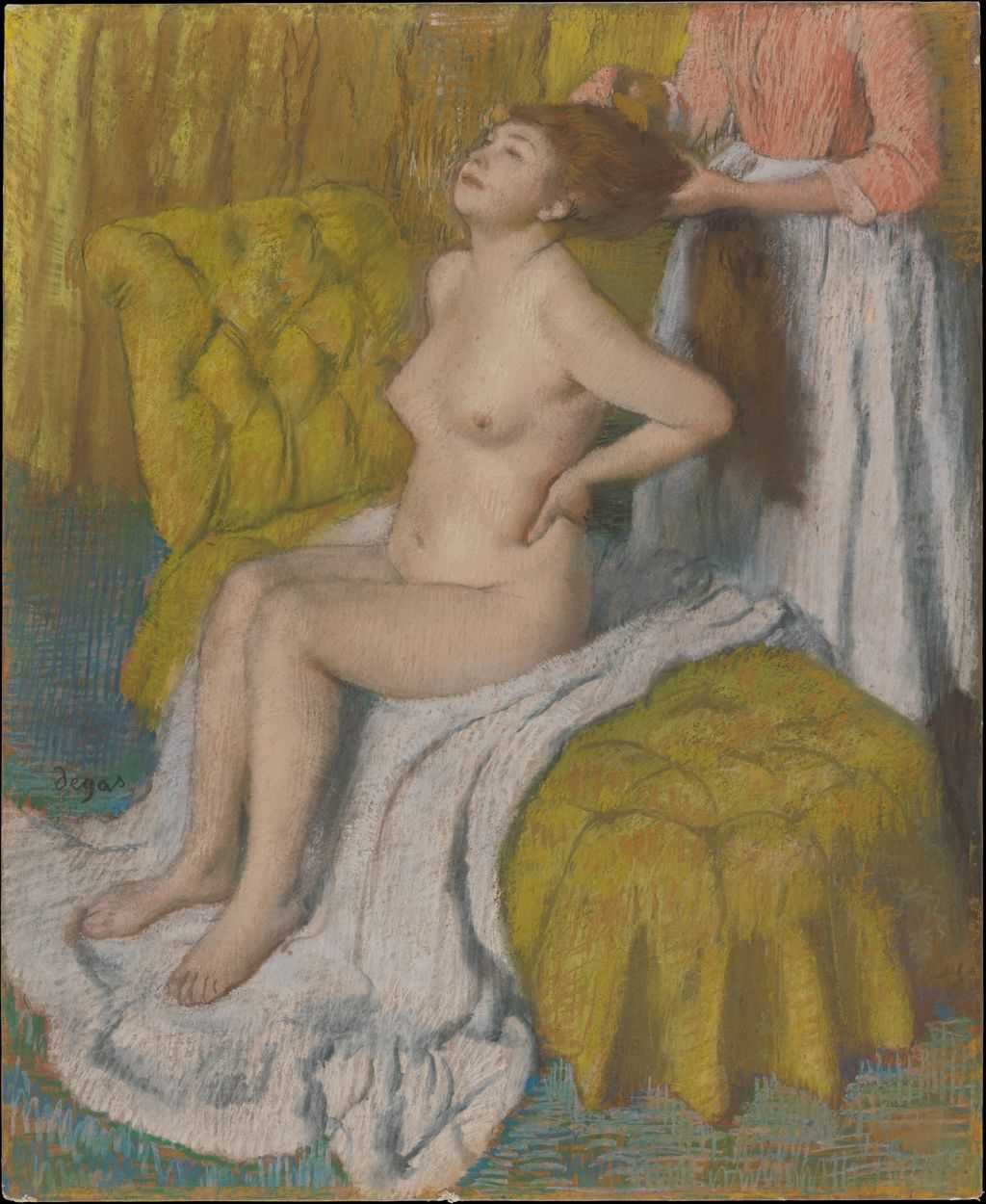 Seated woman having her hair combed in a Degas pastel