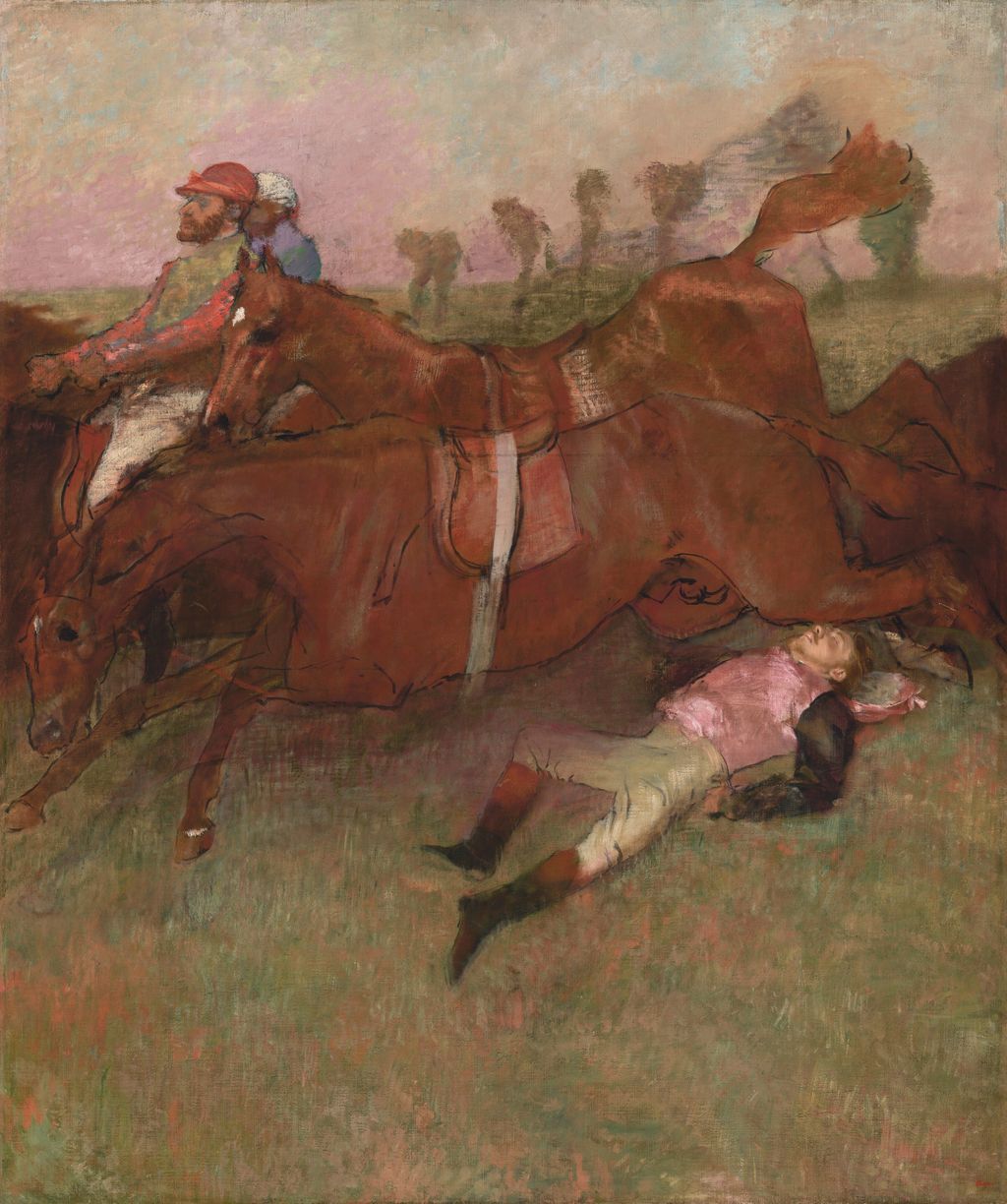 A fallen jockey lies beneath racing horses in Degas's reworked oil painting