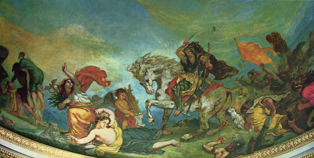 Attila and His Hordes Overrun Italy and the Arts, wider view of the War hemicycle, completed 1847. Oil and wax on plaster, Palais Bourbon library. A rearing horse and dispersing figures provide a contrast to hospitality.