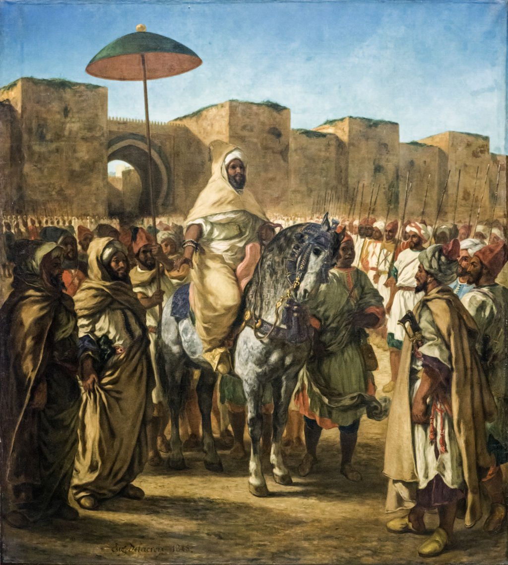 The Sultan of Morocco, 1845, oil on canvas. Musée des Augustins, Toulouse; 2004 1 99. The later composition gives the sky and ruler a different prominence.