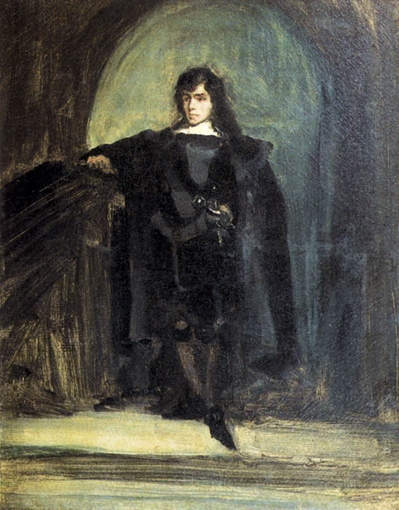 Self-Portrait as Hamlet, formerly called Ravenswood, c.1821, oil on canvas. Musée national Eugène-Delacroix; MD 2021-2 / RF 1953-38. Full-length stance, ledge and step distribute attention across the body.