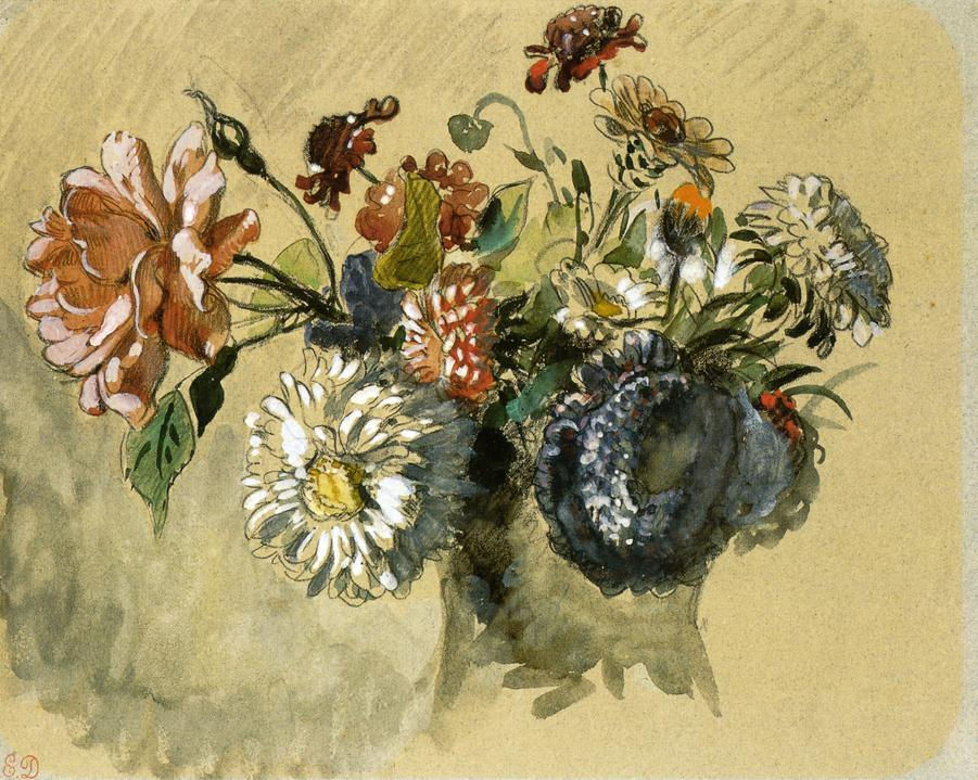 Bouquet of Flowers, 1843, black pencil and watercolour. Musée Fabre; 876.3.101. Exposed stems and open paper connect the more widely spaced flower heads.